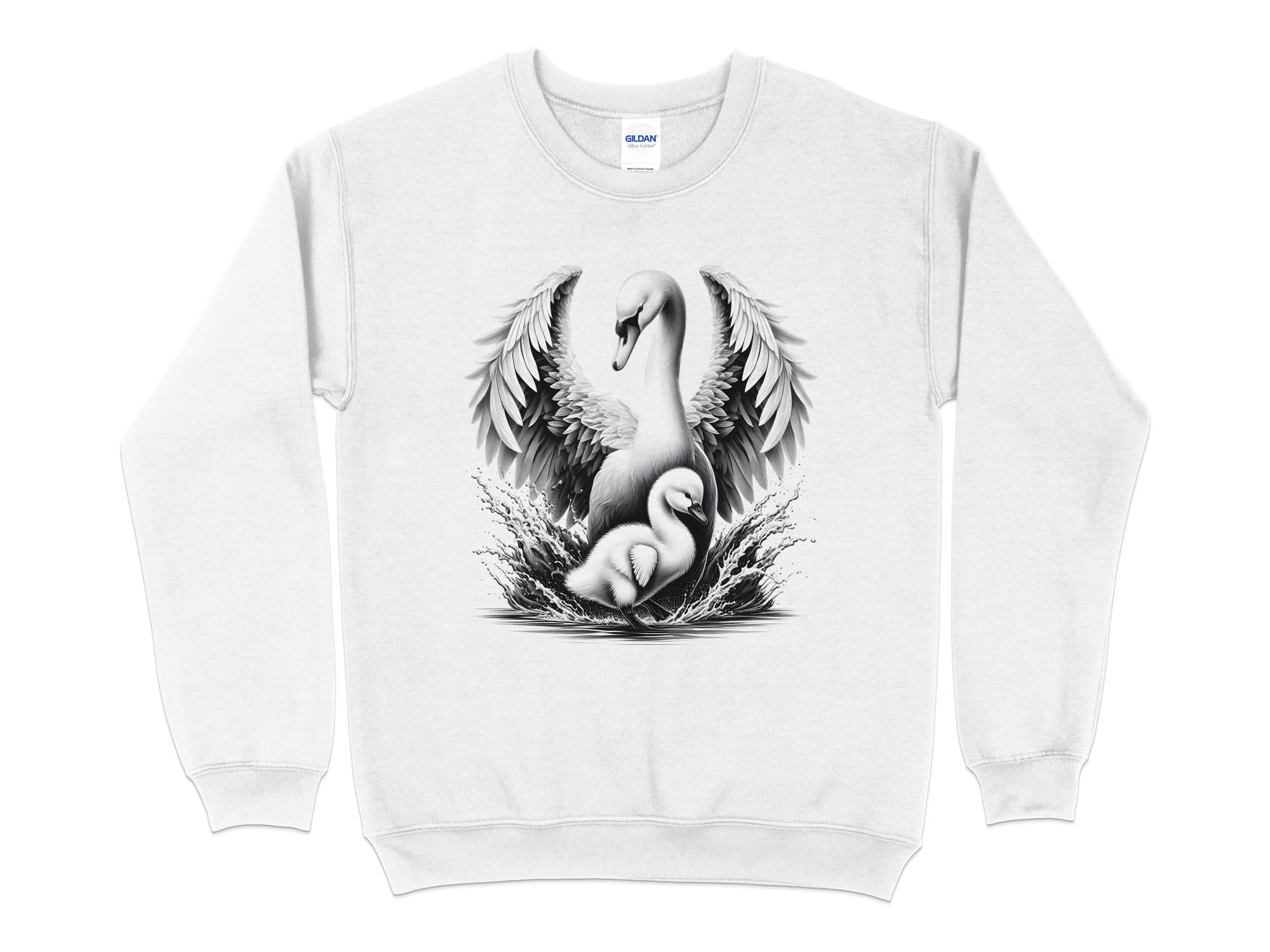 Swan & Cygnet- Black White Gildan Sweatshirt Realistic Family Talisman Unisex Tee Graphic Design