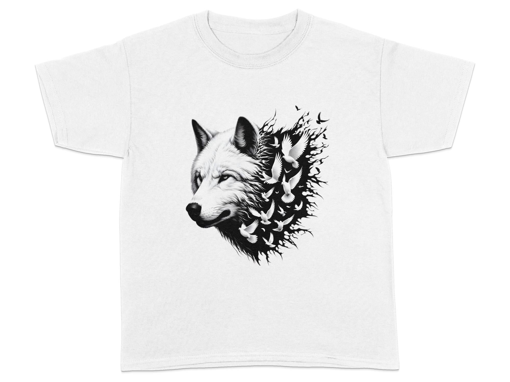 Wolf x Doves - Black White Gildan Kids T-Shirt Realistic Animal Talisman Unisex Tee Graphic Design