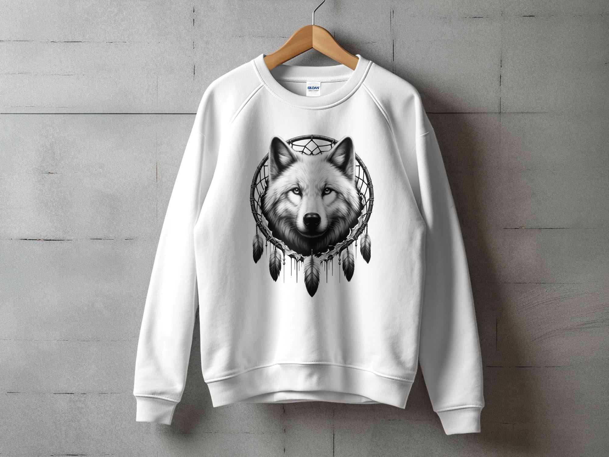 Dreamcatcher Wolf - Coloured Gildan Sweatshirt Realistic Native American Talisman Unisex Mythology Tee Graphic Design