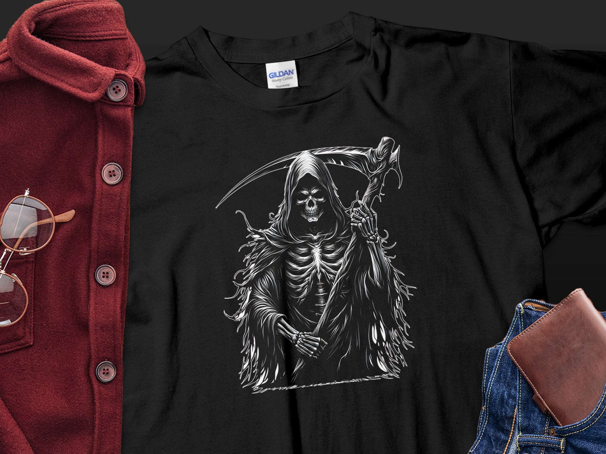 Grim Reaper - Black White Gildan T-Shirt Commemorative Talisman Unisex Tee Graphic Design