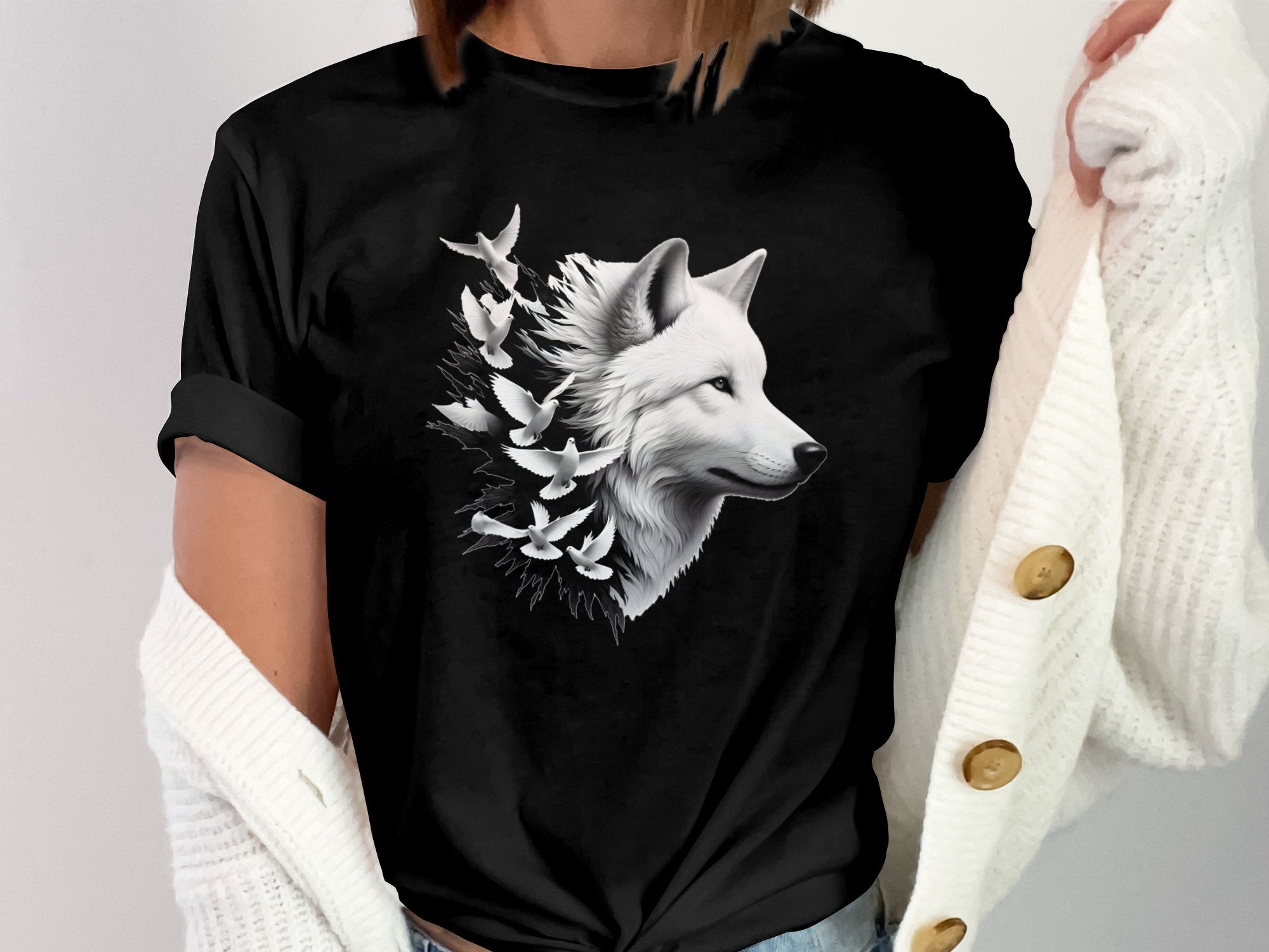 Wolf x Doves - Black White Gildan T-Shirt Realistic Animal Talisman Unisex Tee Graphic Design