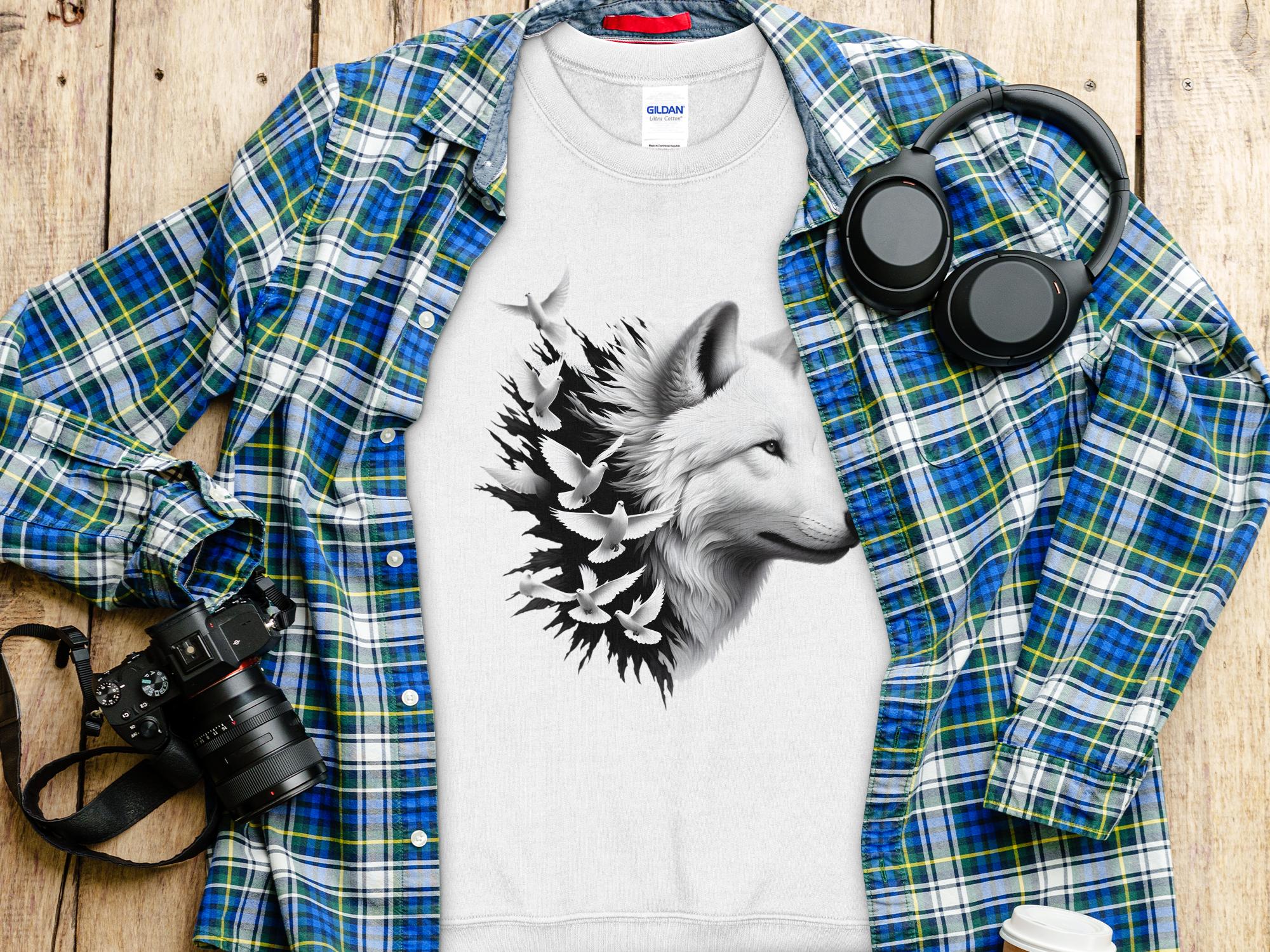 Wolf x Doves - Black White Gildan Sweatshirt Realistic Animal Talisman Unisex Tee Graphic Design