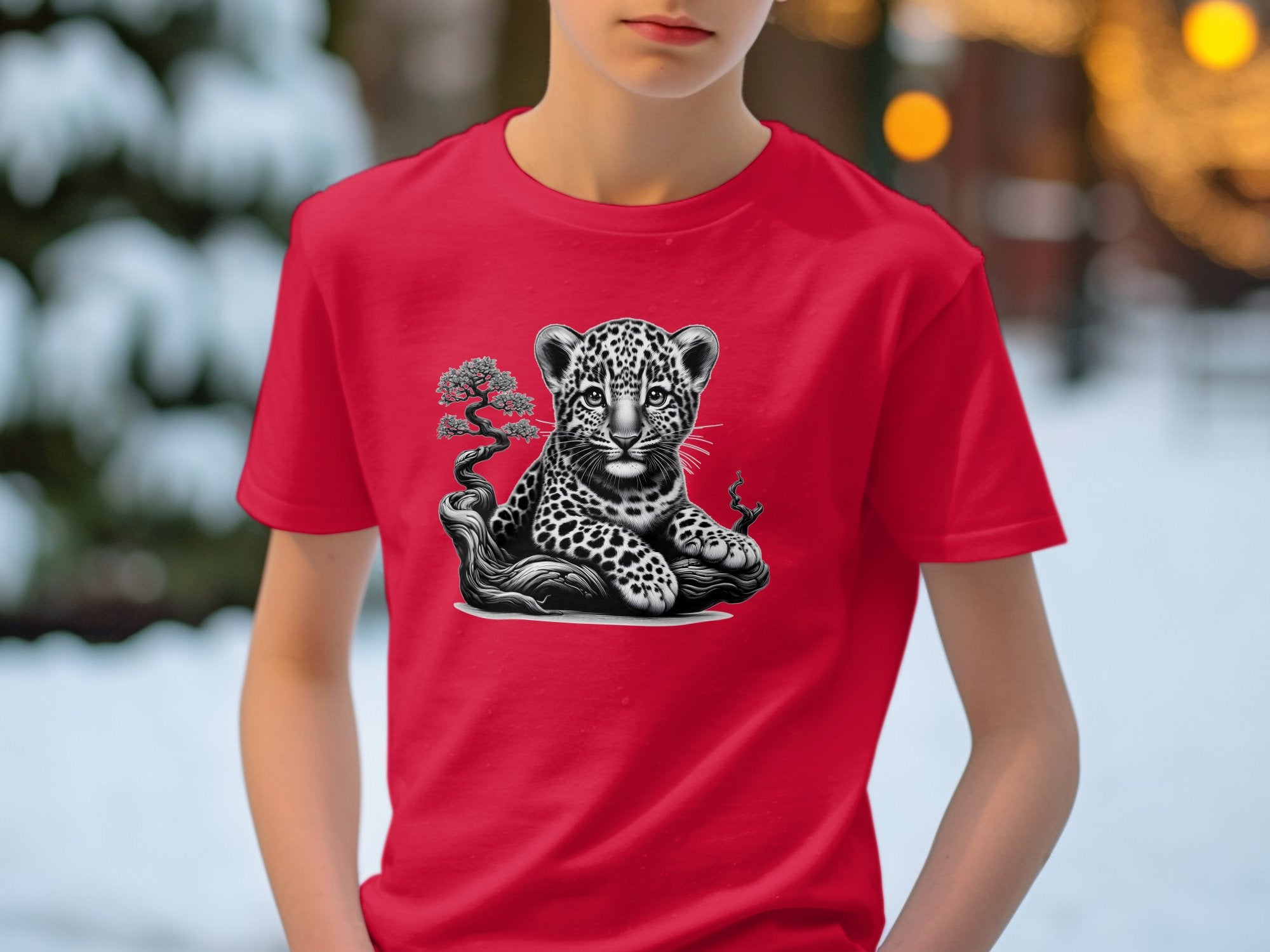 Leopard Bonsai - Coloured Gildan Kids T-Shirt Realistic Animal Talisman Unisex Cute Tee Graphic Design