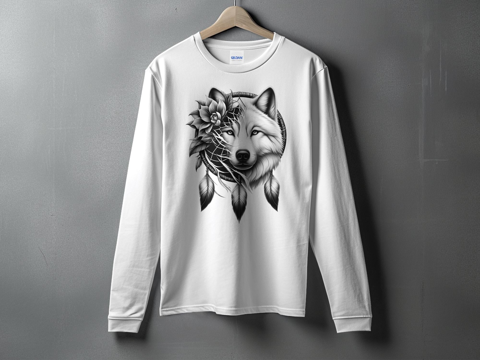 Dreamcatcher Wolf - Coloured Gildan Long Sleeve Realistic Native American Talisman Unisex Mythology Tee Graphic Design