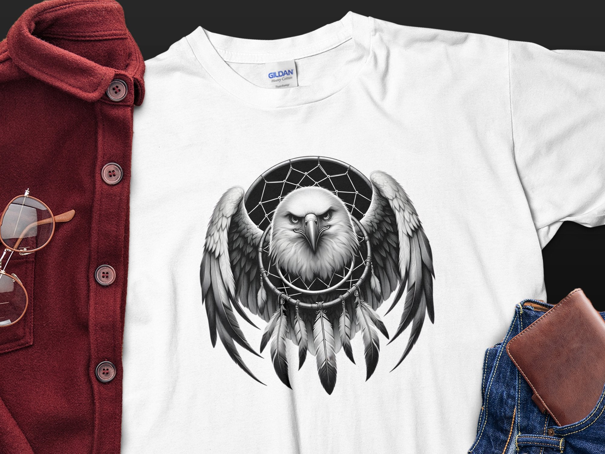 Dreamcatcher Eagle - Coloured Gildan T-Shirt Realistic Native American Talisman Unisex Mythology Tee Graphic Design