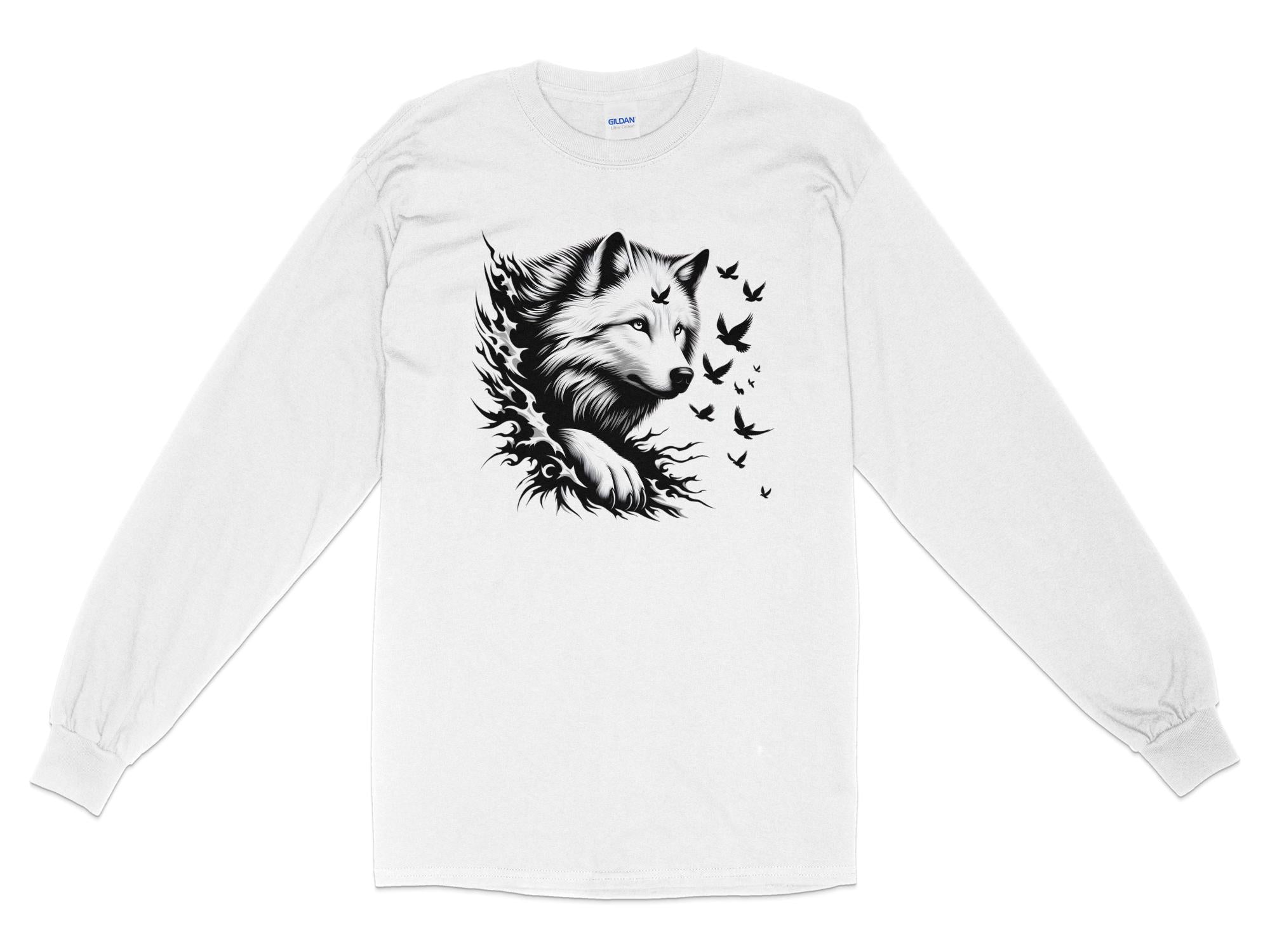 Wolf x Doves - Black White Gildan Long Sleeve Realistic Animal Talisman Unisex Tee Graphic Design