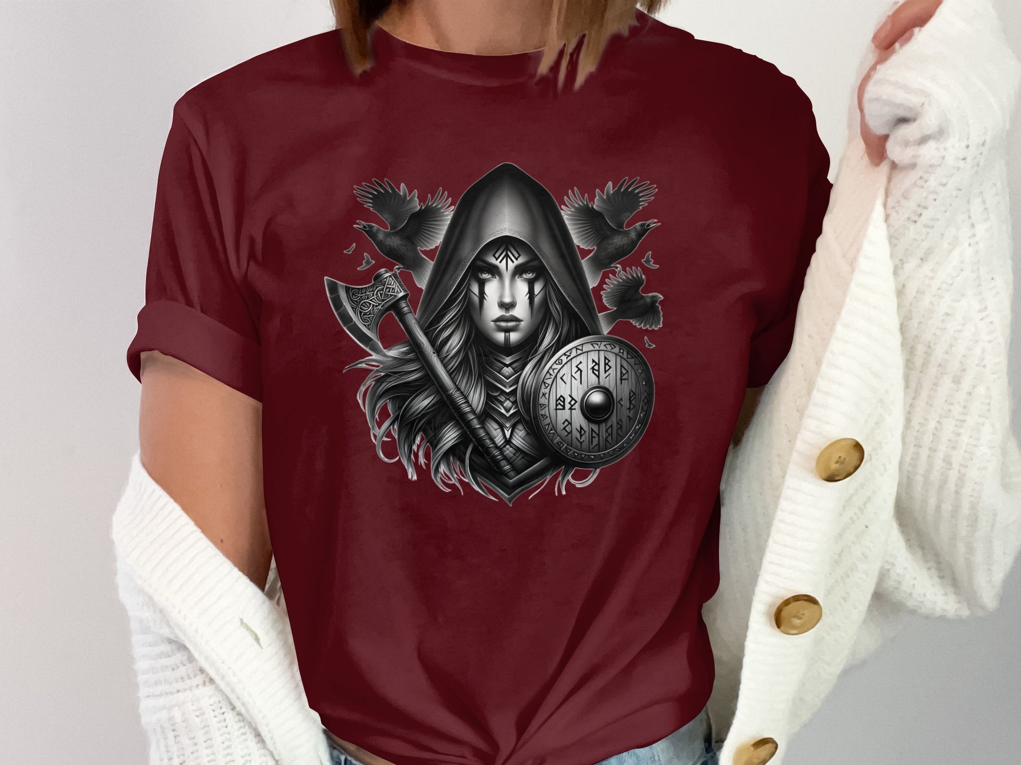 Viking Shield Maiden - Coloured Gildan T Shirt Realistic Norse Talisman Men Women Unisex Valhalla Tee Graphic Design