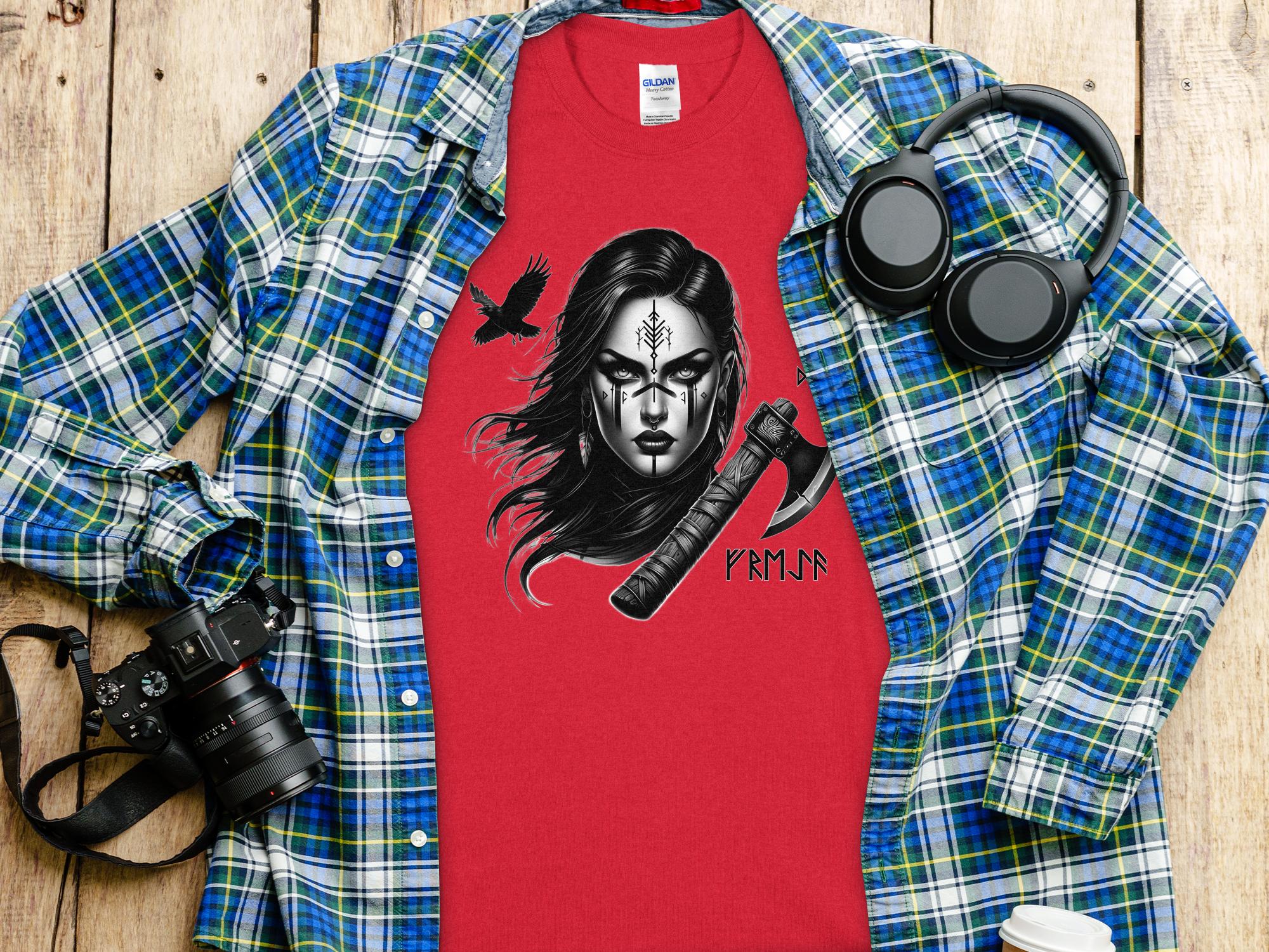 Viking Shield Maiden - Coloured Gildan T Shirt Realistic Norse Talisman Men Women Unisex Valhalla Tee Graphic Design