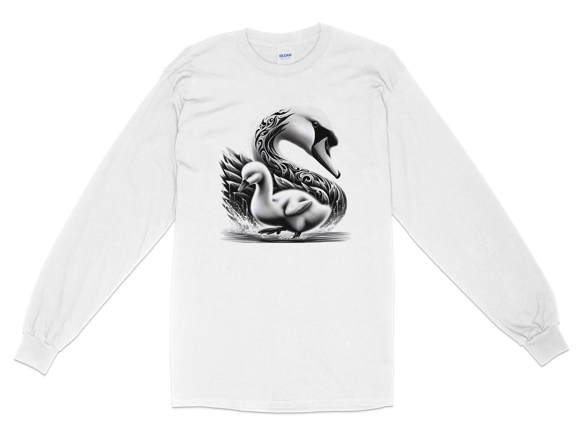 Swan & Cygnet- Black White Gildan Long Sleeve Realistic Family Talisman Unisex Tee Graphic Design