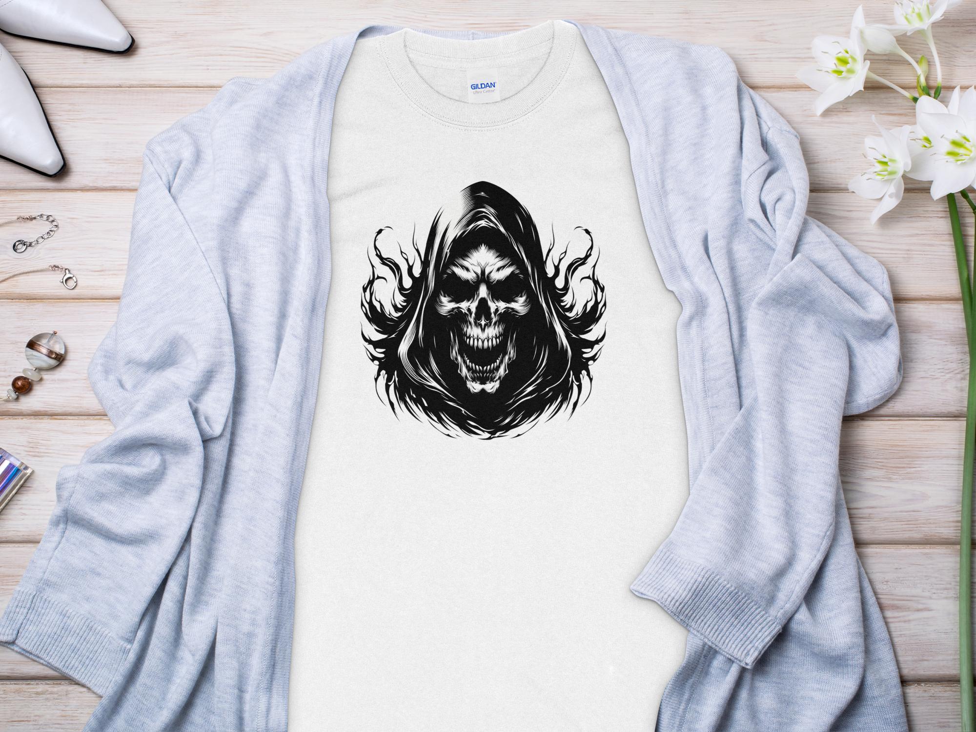 Grim Reaper - Black White Gildan Long Sleeve Commemorative Talisman Unisex Tee Graphic Design