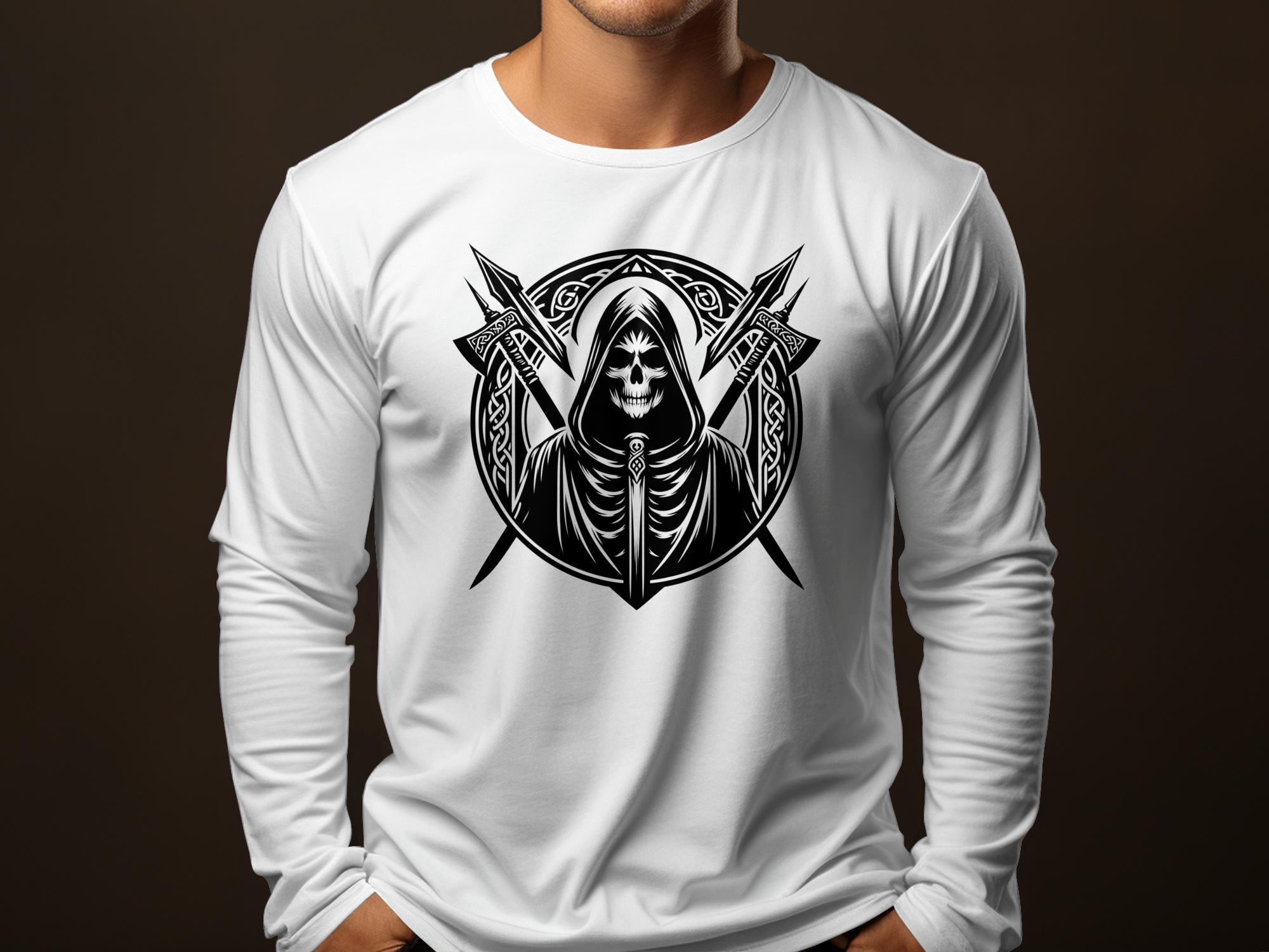 Grim Reaper - Black White Gildan Long Sleeve Commemorative Talisman Unisex Tee Graphic Design