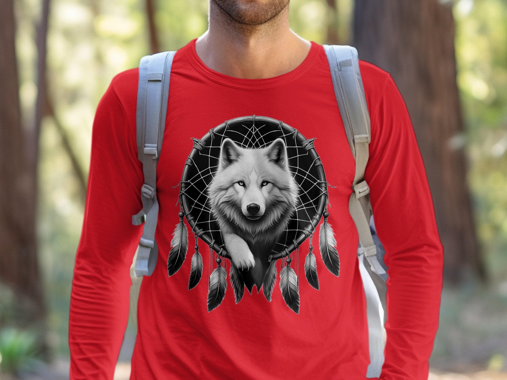 Dreamcatcher Wolf - Coloured Gildan Long Sleeve Realistic Native American Talisman Unisex Mythology Tee Graphic Design