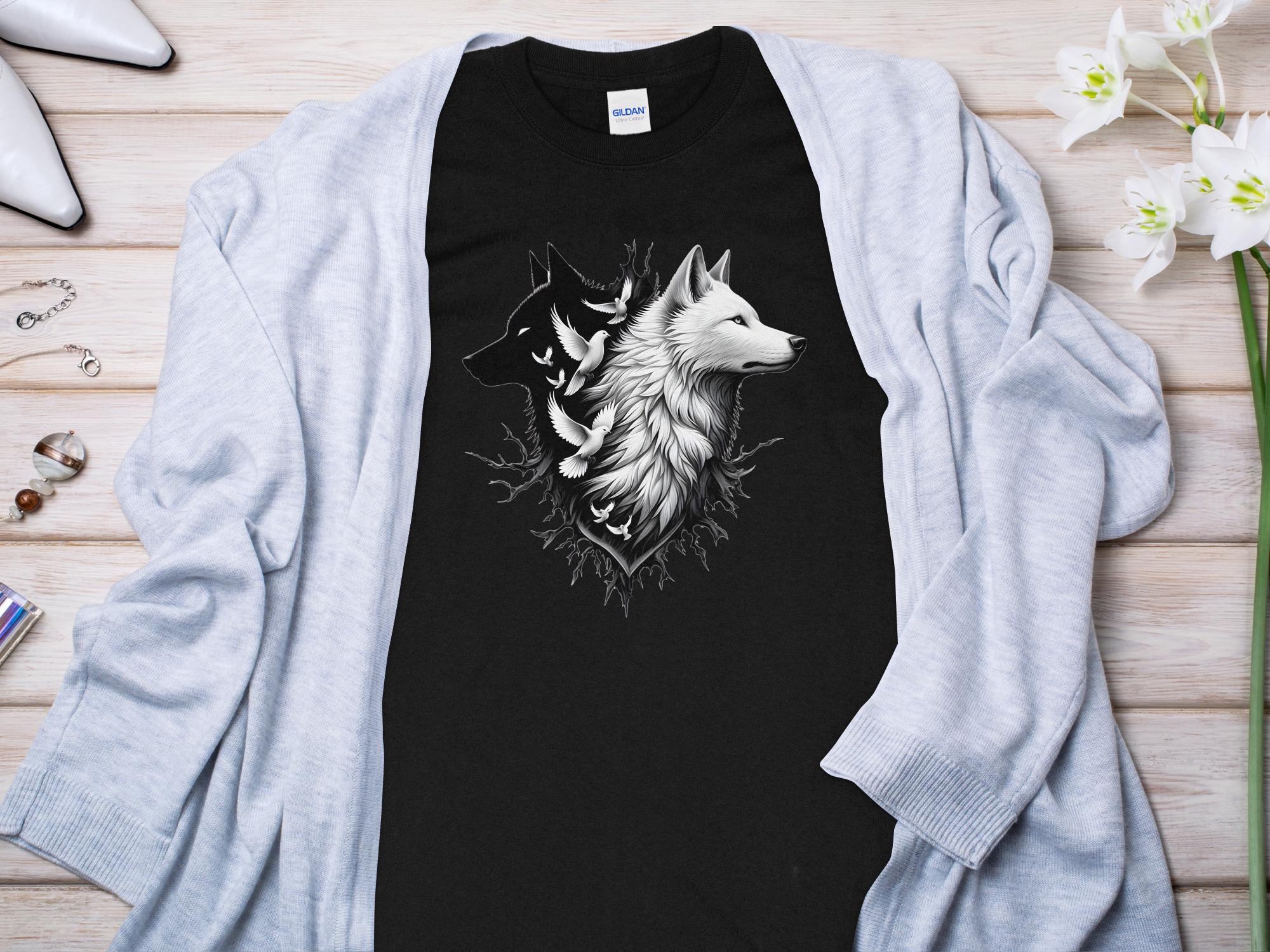 Wolf x Doves - Black White Gildan Long Sleeve Realistic Animal Talisman Unisex Tee Graphic Design