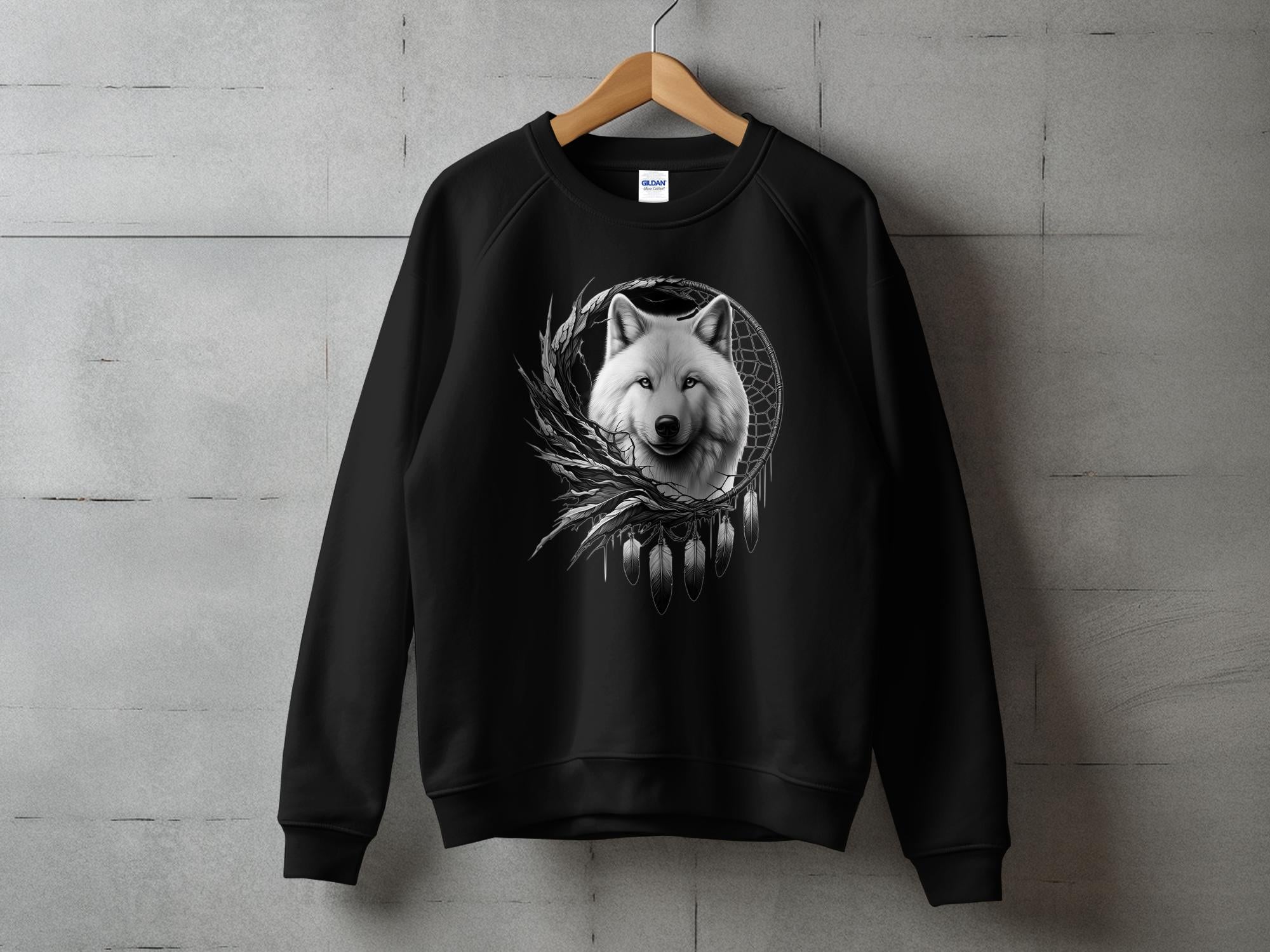 Dreamcatcher Wolf - Coloured Gildan Sweatshirt Realistic Native American Talisman Unisex Mythology Tee Graphic Design