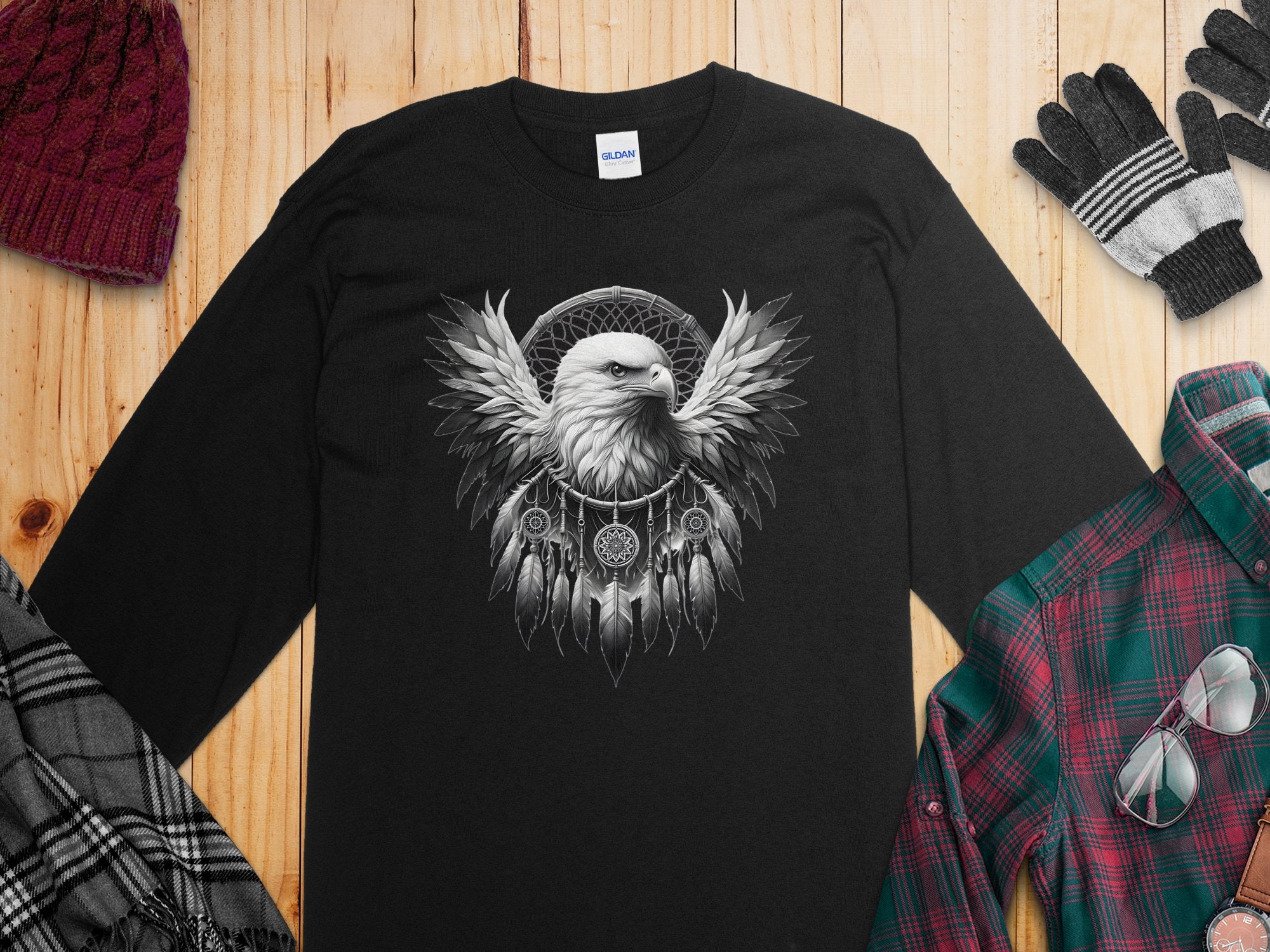 Dreamcatcher Eagle - Coloured Gildan Long Sleeve Realistic Native American Talisman Unisex Mythology Tee Graphic Design