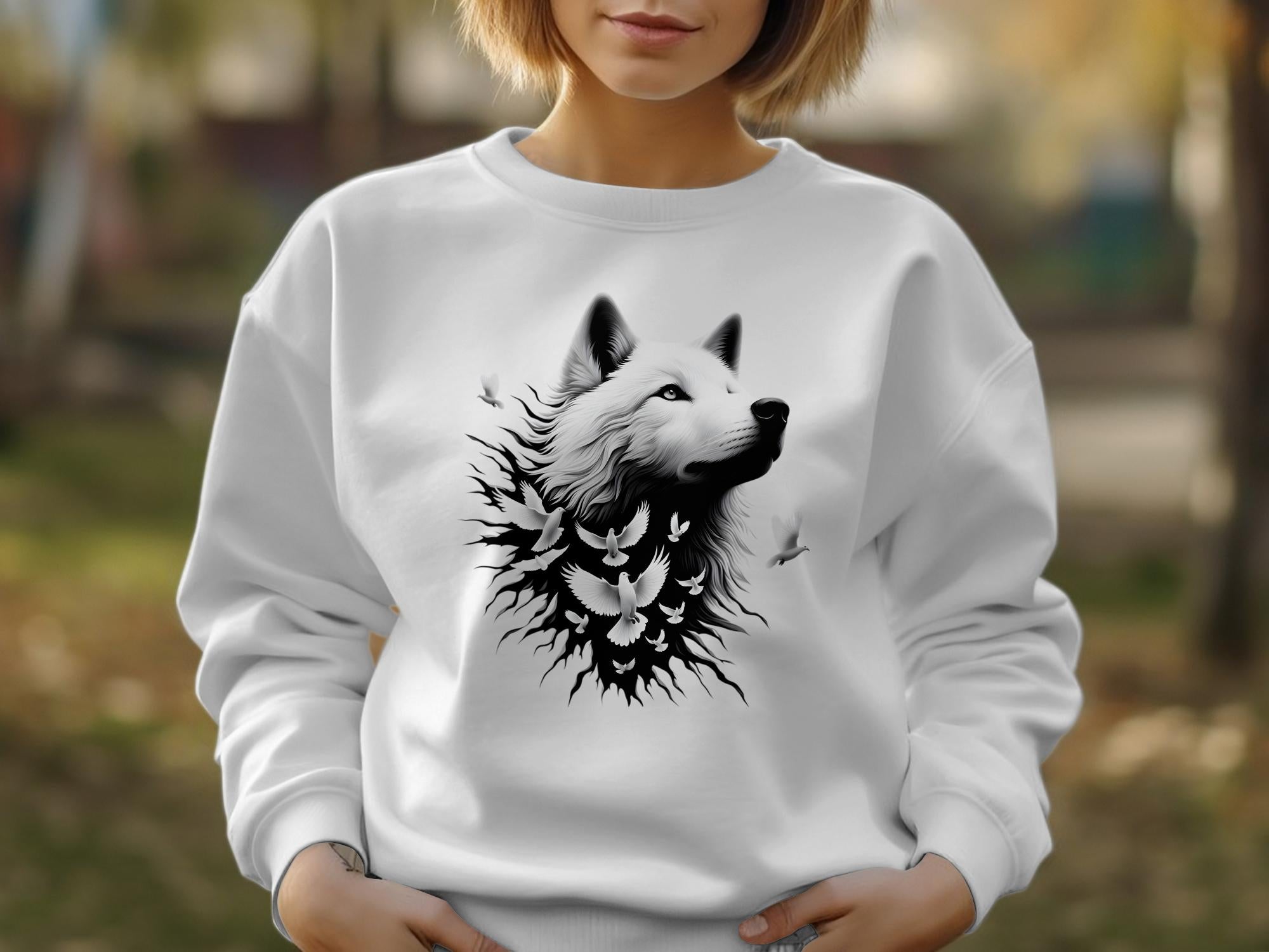 Wolf x Doves - Black White Gildan Sweatshirt Realistic Animal Talisman Unisex Tee Graphic Design