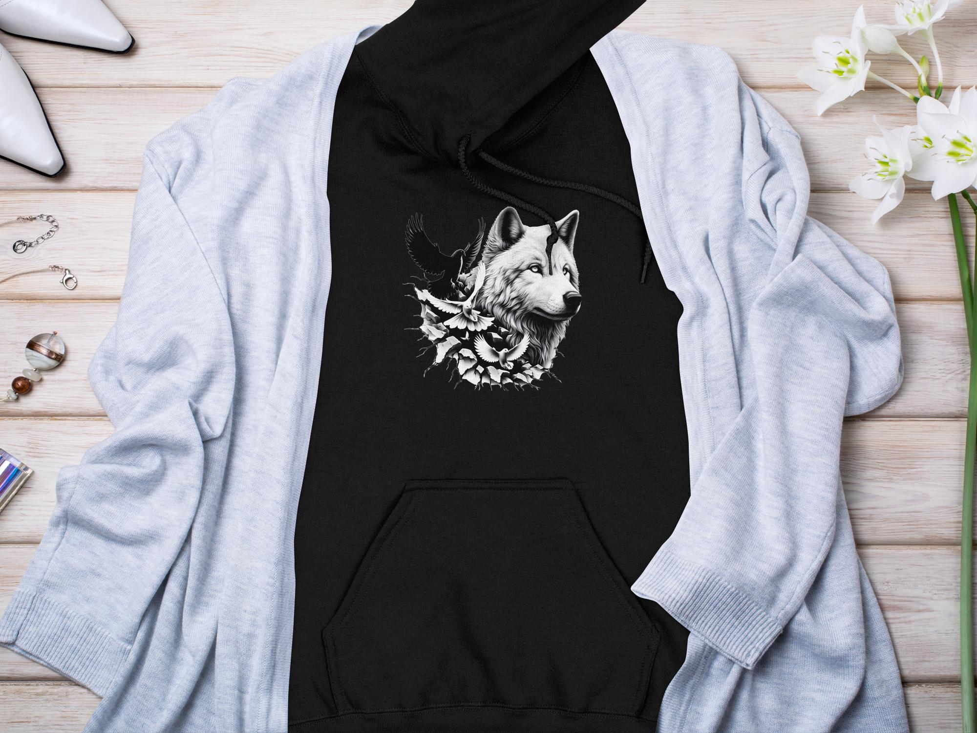 Wolf x Doves - Black White Gildan Hoodie Realistic Animal Talisman Unisex Tee Graphic Design