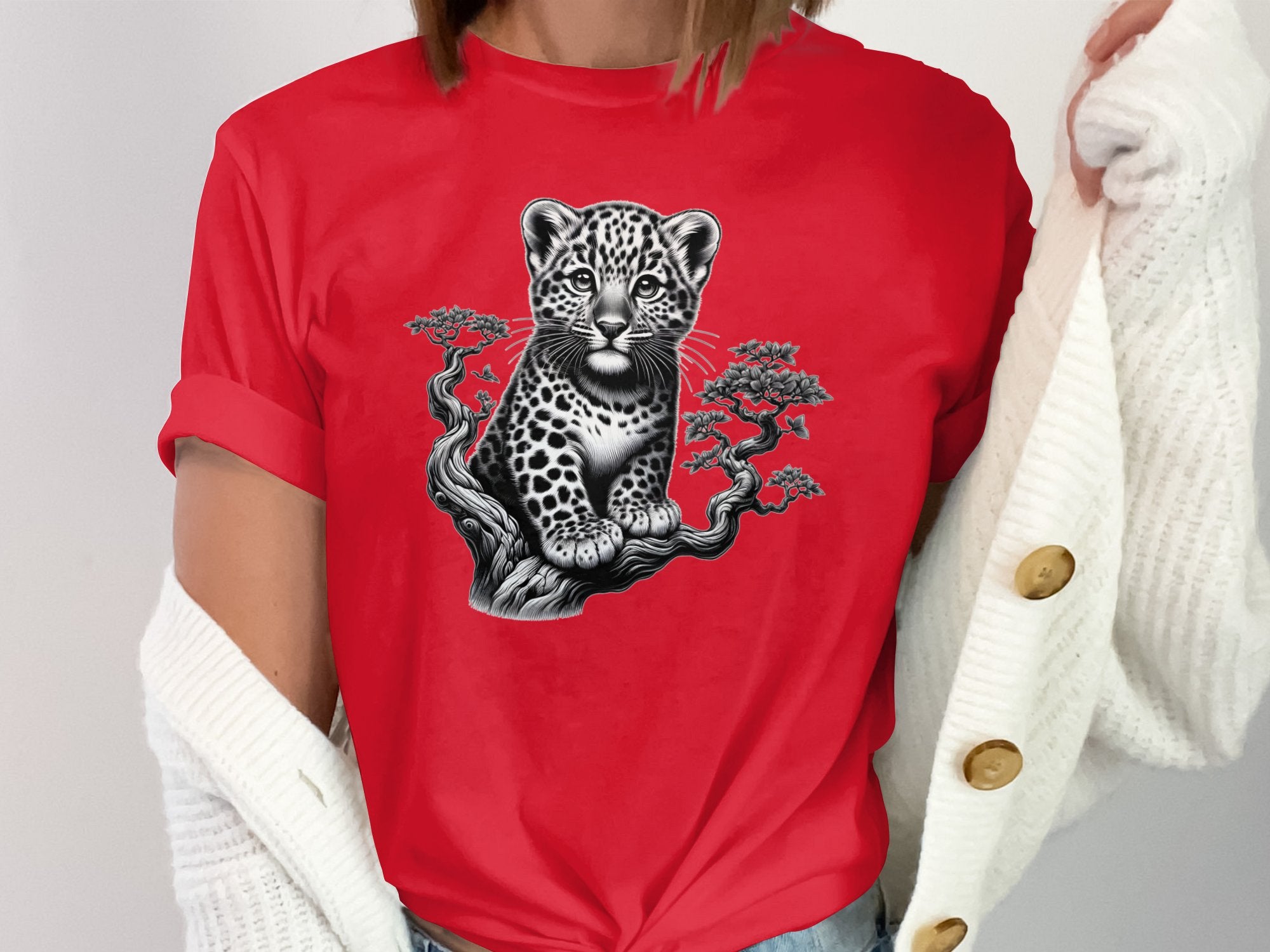 Leopard Bonsai - Coloured Gildan T-Shirt Realistic Animal Talisman Unisex Cute Tee Graphic Design