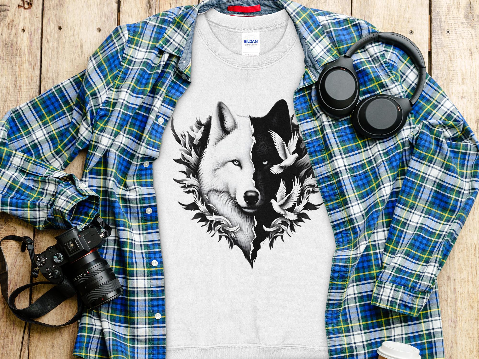 Wolf x Doves - Black White Gildan Sweatshirt Realistic Animal Talisman Unisex Tee Graphic Design