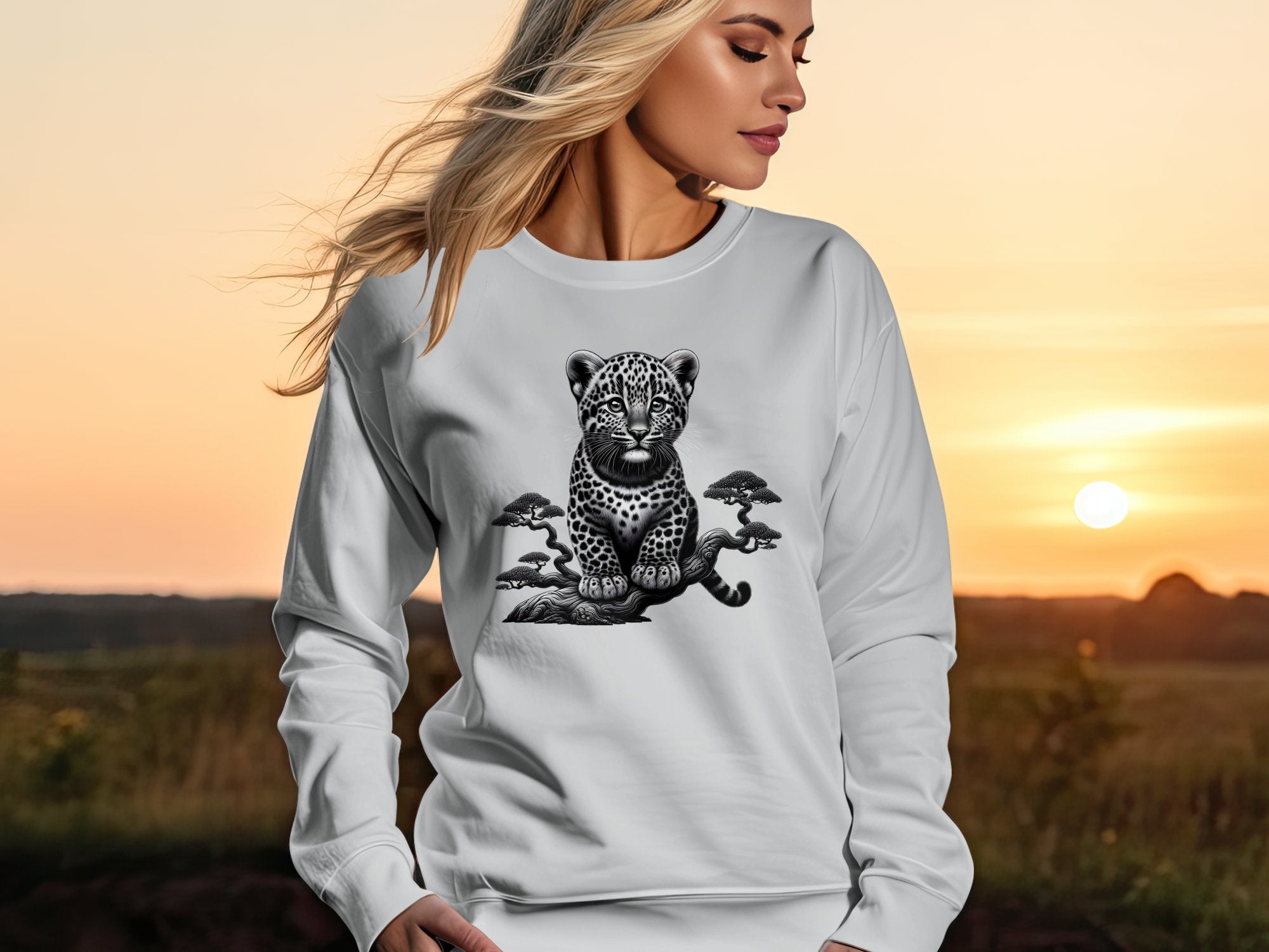 Leopard Bonsai - Coloured Gildan Sweatshirt Realistic Animal Talisman Unisex Cute Tee Graphic Design