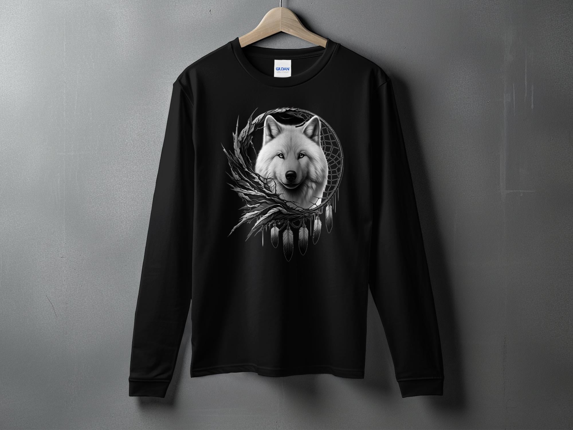 Dreamcatcher Wolf - Coloured Gildan Long Sleeve Realistic Native American Talisman Unisex Mythology Tee Graphic Design