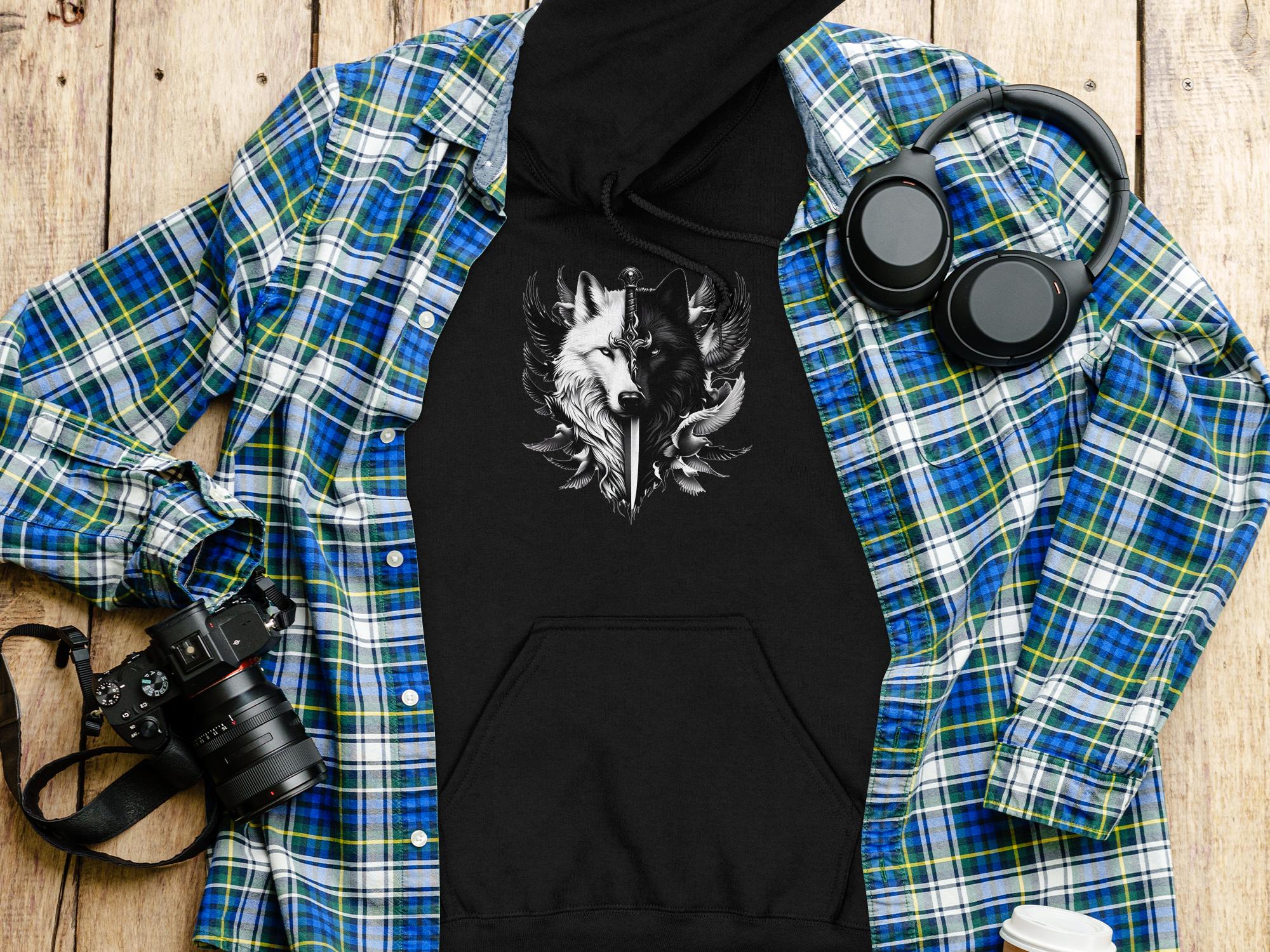 Wolf x Doves - Black White Gildan Hoodie Realistic Animal Talisman Unisex Tee Graphic Design