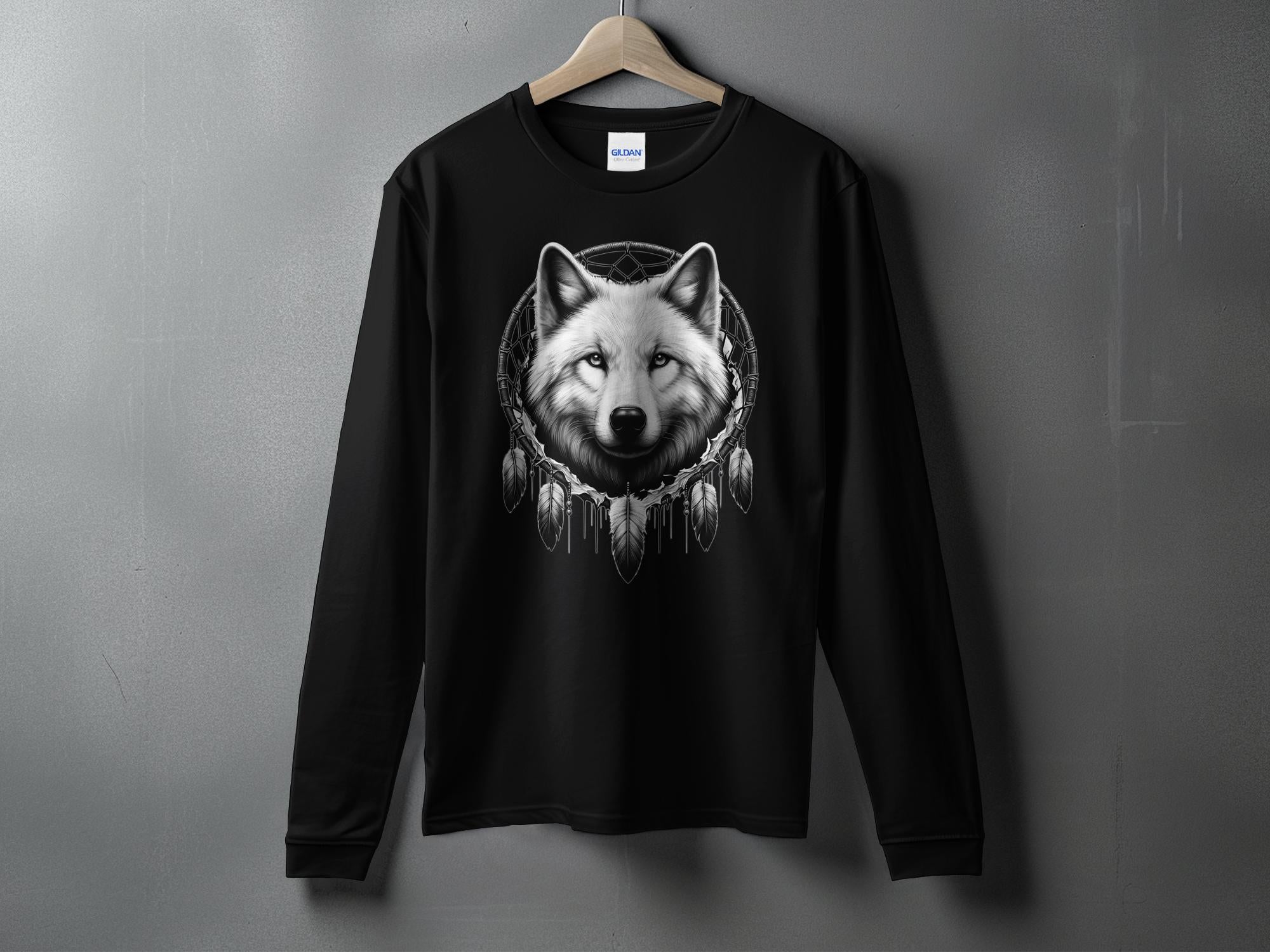 Dreamcatcher Wolf - Coloured Gildan Long Sleeve Realistic Native American Talisman Unisex Mythology Tee Graphic Design