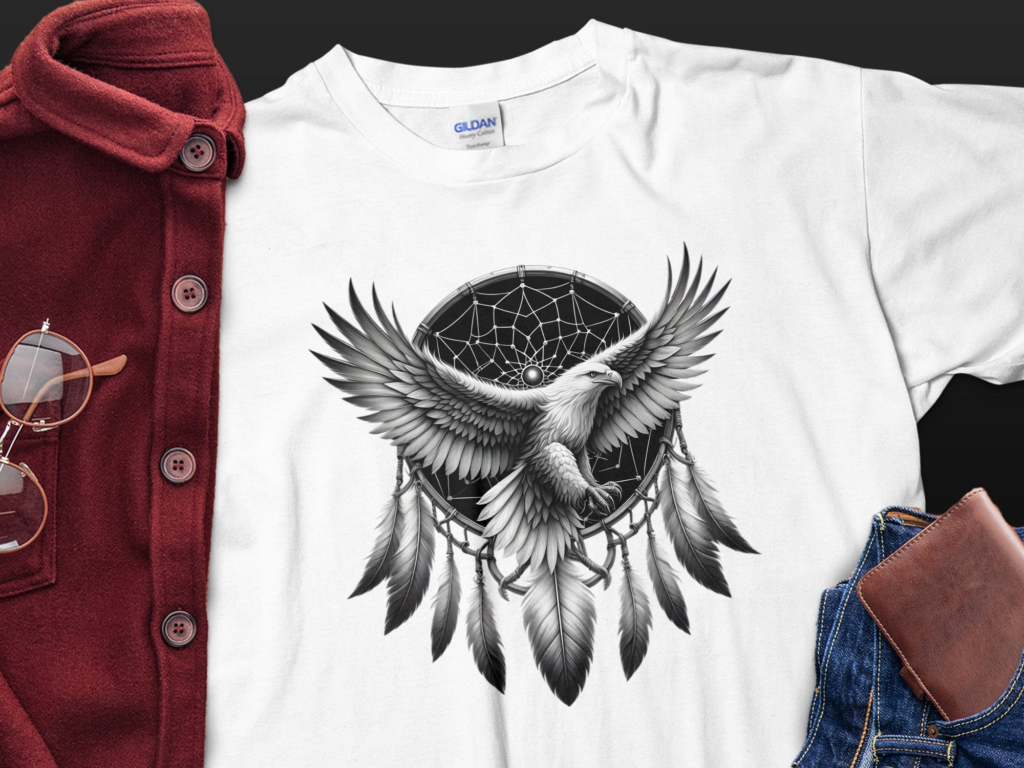 Dreamcatcher Eagle - Coloured Gildan T-Shirt Realistic Native American Talisman Unisex Mythology Tee Graphic Design