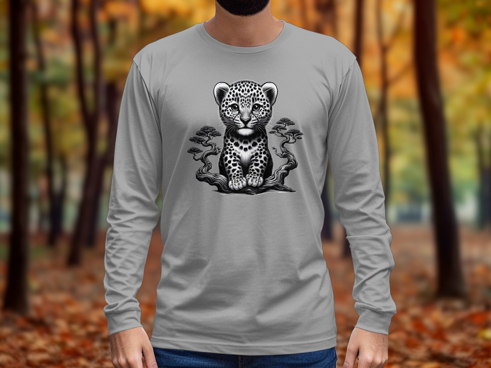 Leopard Bonsai - Coloured Gildan Long Sleeve Realistic Animal Talisman Unisex Cute Tee Graphic Design