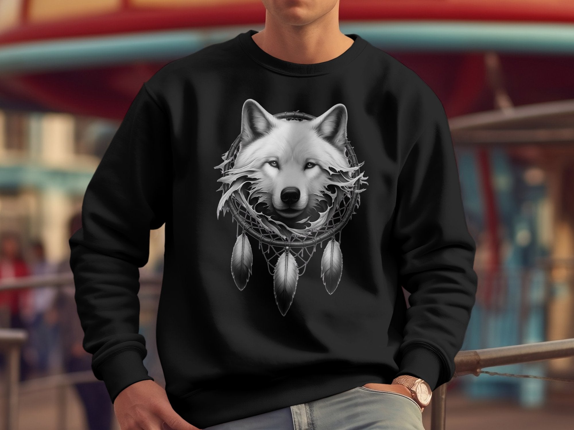 Dreamcatcher Wolf - Coloured Gildan Sweatshirt Realistic Native American Talisman Unisex Mythology Tee Graphic Design