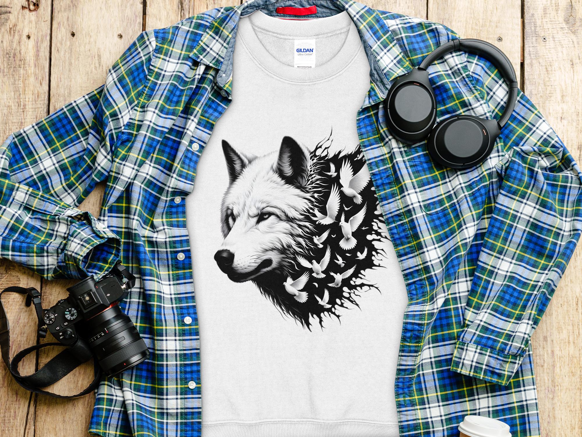 Wolf x Doves - Black White Gildan Sweatshirt Realistic Animal Talisman Unisex Tee Graphic Design