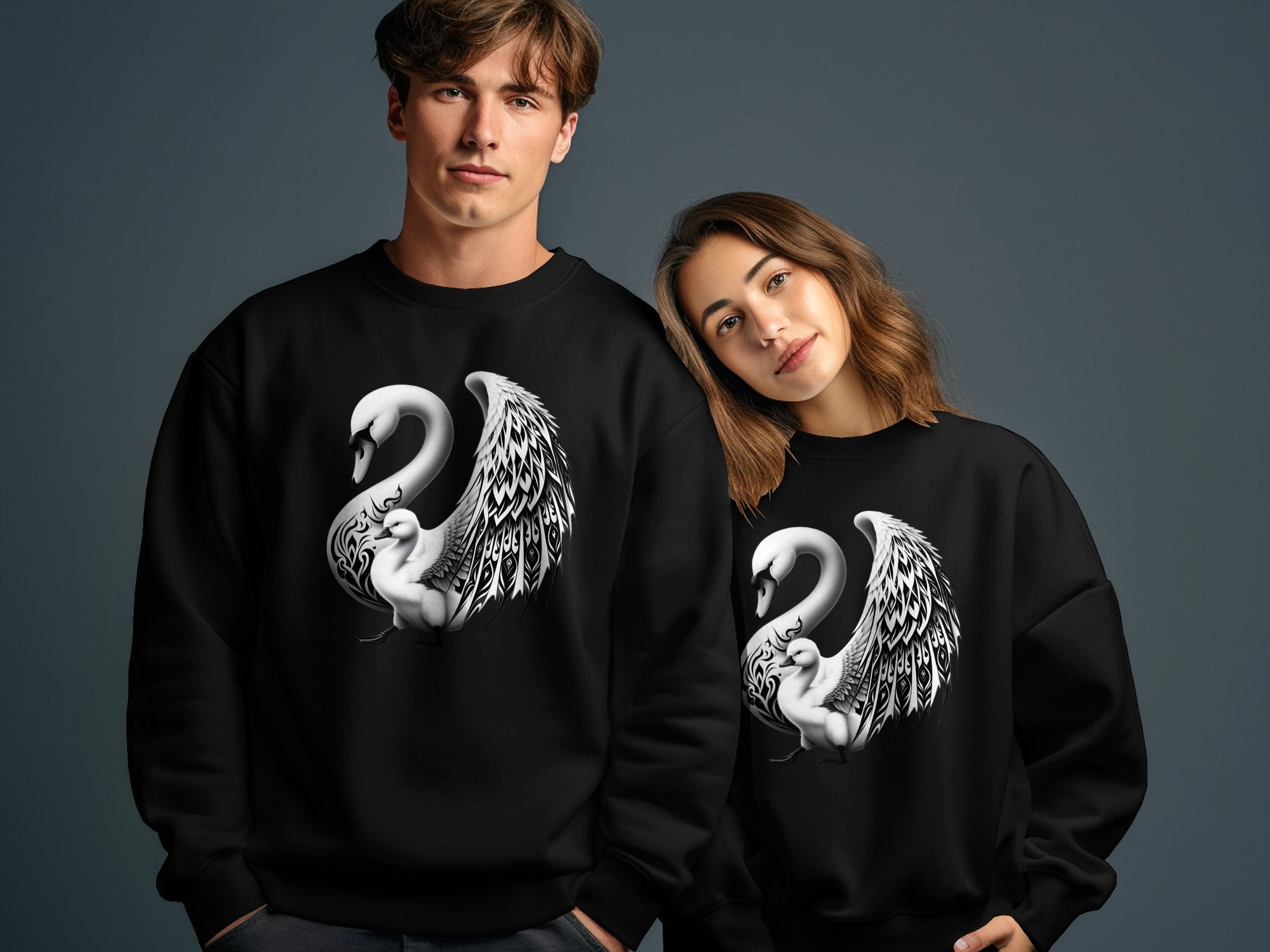 Swan & Cygnet- Black White Gildan Sweatshirt Realistic Family Talisman Unisex Tee Graphic Design