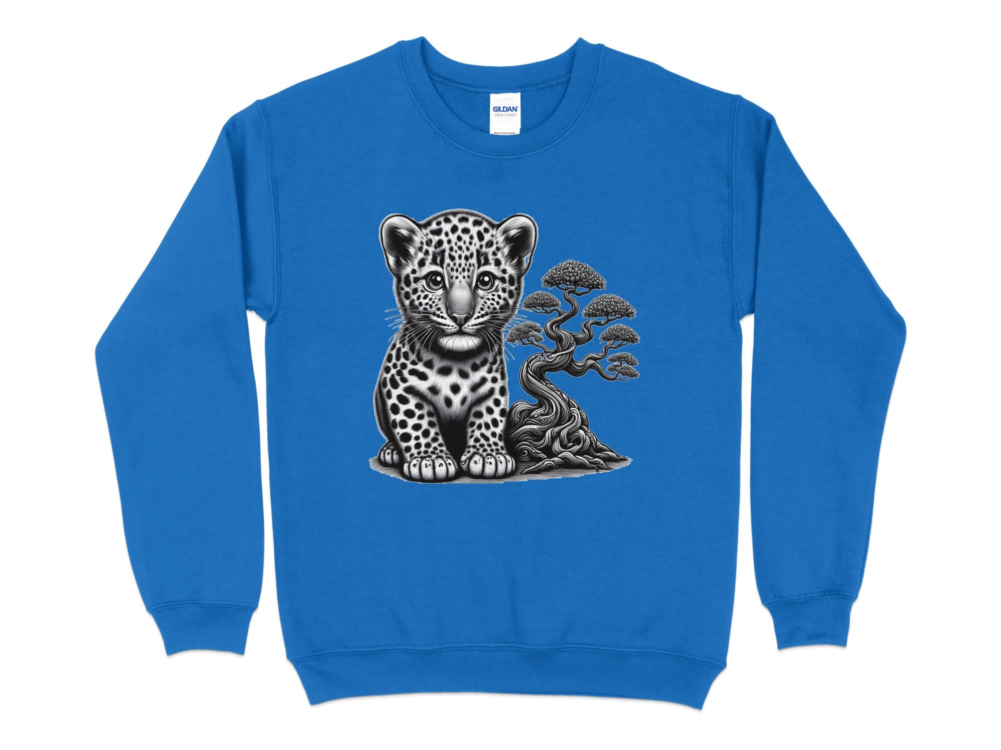 Leopard Bonsai - Coloured Gildan Sweatshirt Realistic Animal Talisman Unisex Cute Tee Graphic Design