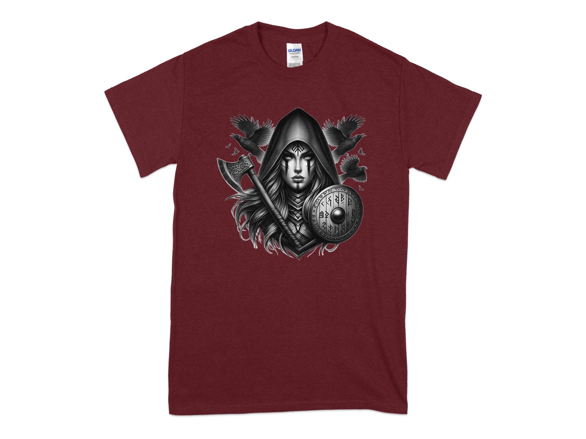 Viking Shield Maiden - Coloured Gildan T Shirt Realistic Norse Talisman Men Women Unisex Valhalla Tee Graphic Design