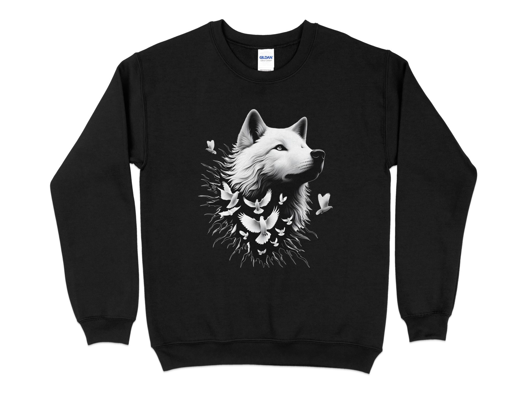 Wolf x Doves - Black White Gildan Sweatshirt Realistic Animal Talisman Unisex Tee Graphic Design