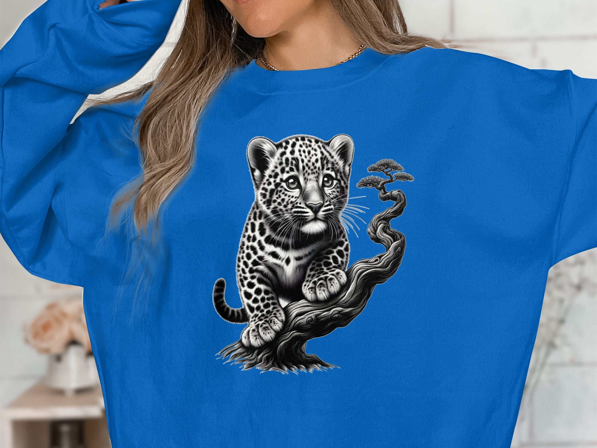 Leopard Bonsai - Coloured Gildan Sweatshirt Realistic Animal Talisman Unisex Cute Tee Graphic Design