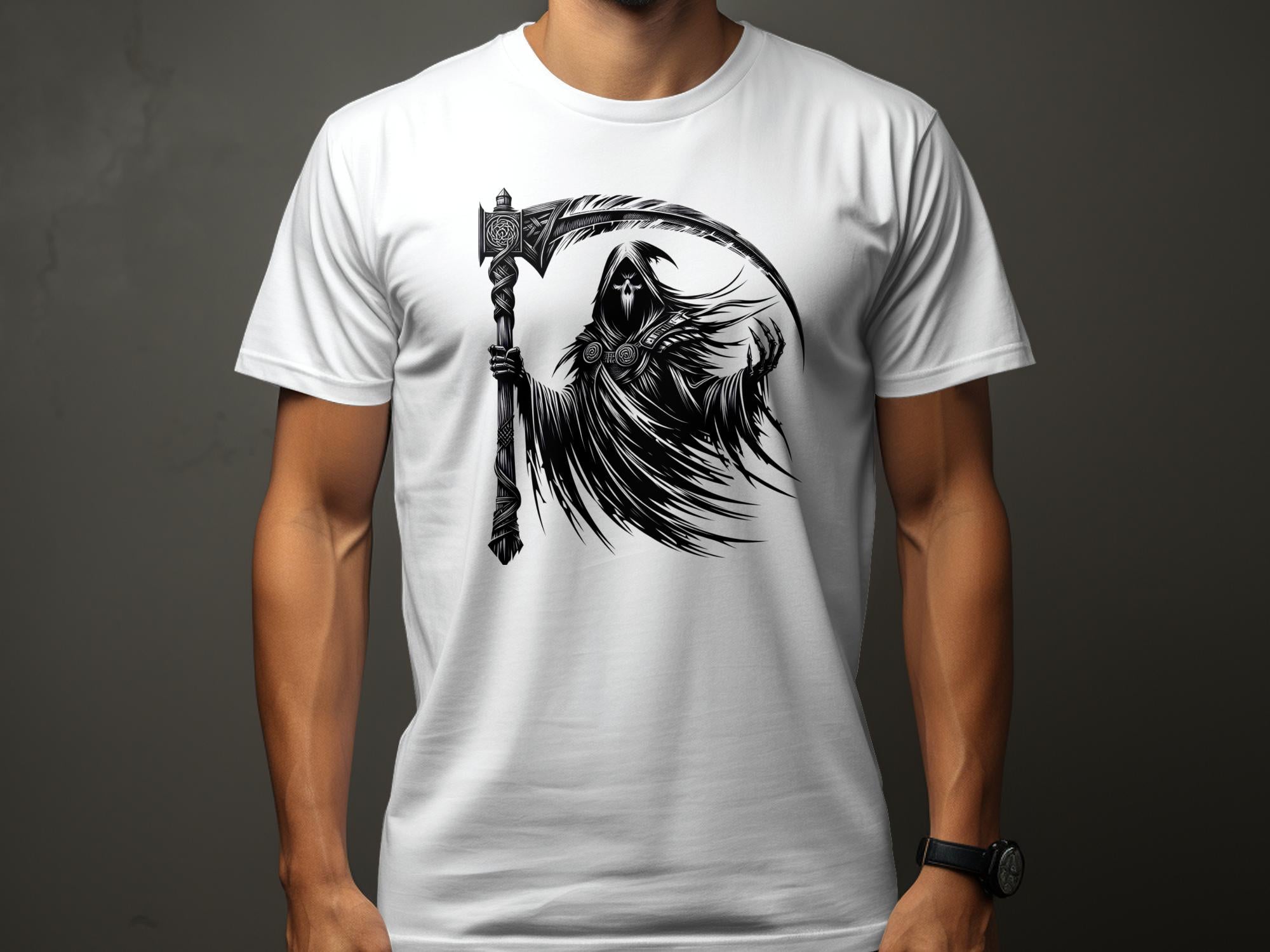 Grim Reaper - Black White Gildan T-Shirt Commemorative Talisman Unisex Tee Graphic Design