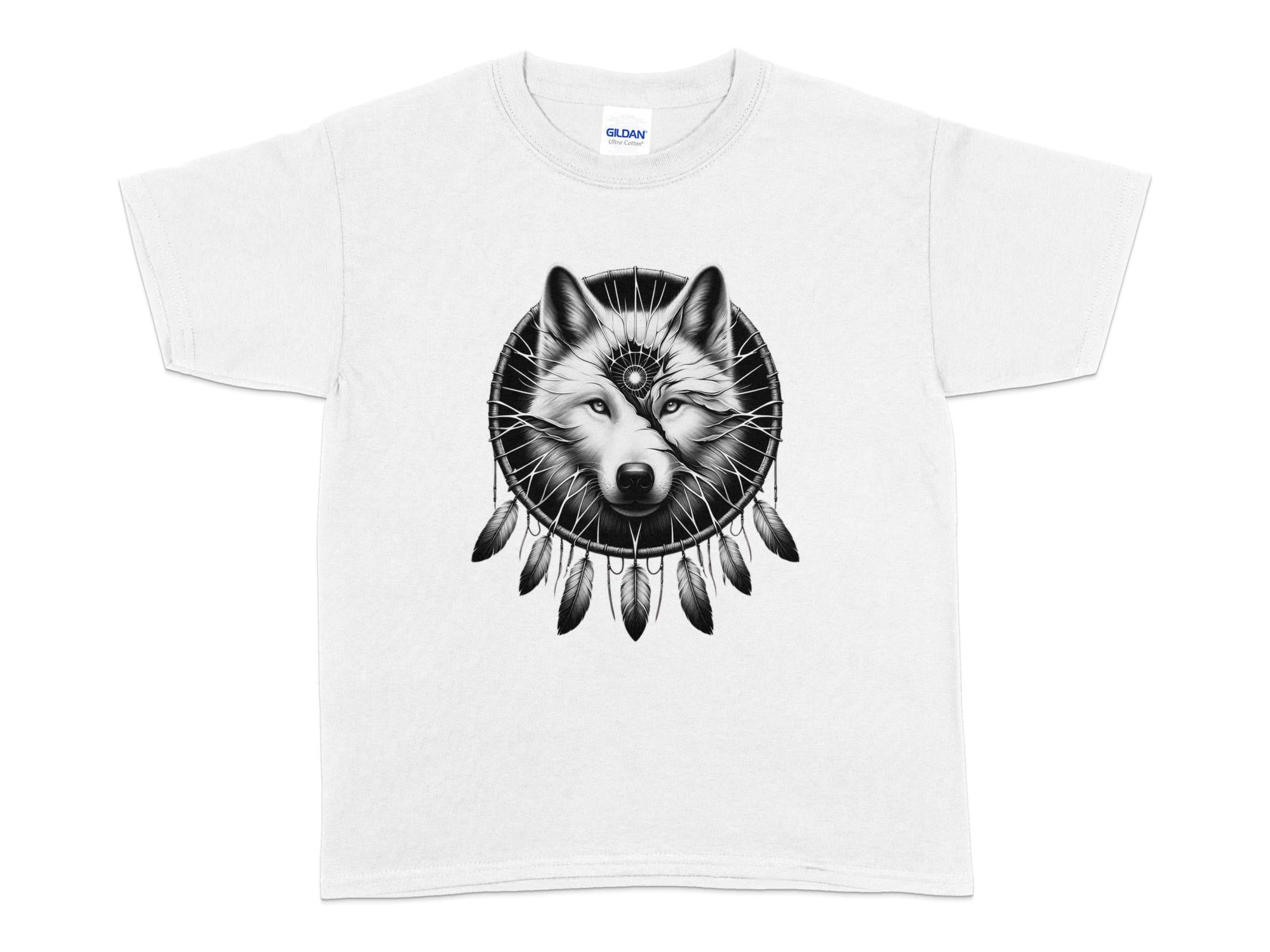 Dreamcatcher Wolf - Coloured Gildan Kids T-Shirt Realistic Native American Talisman Unisex Mythology Tee Graphic Design