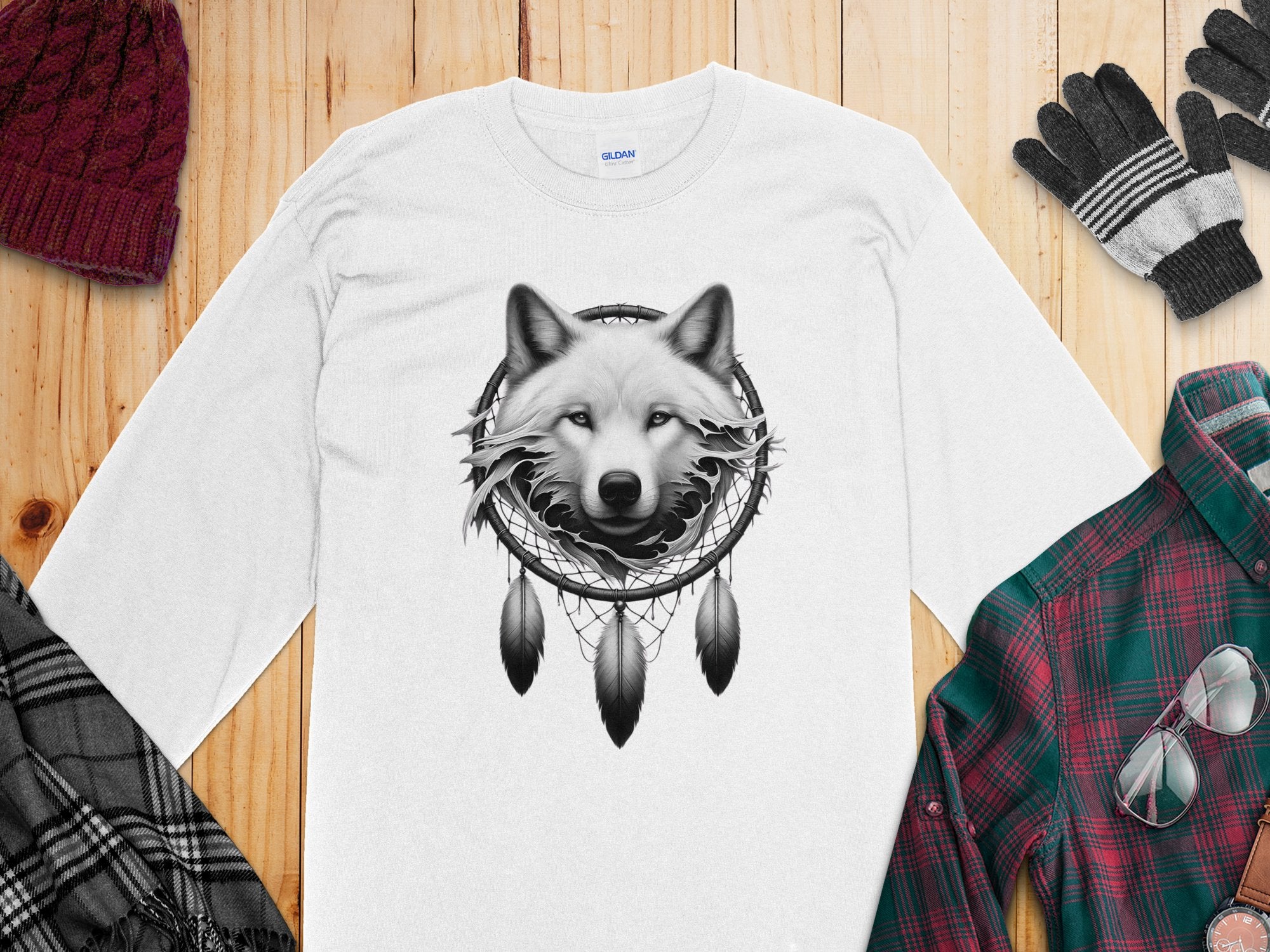 Dreamcatcher Wolf - Coloured Gildan Long Sleeve Realistic Native American Talisman Unisex Mythology Tee Graphic Design