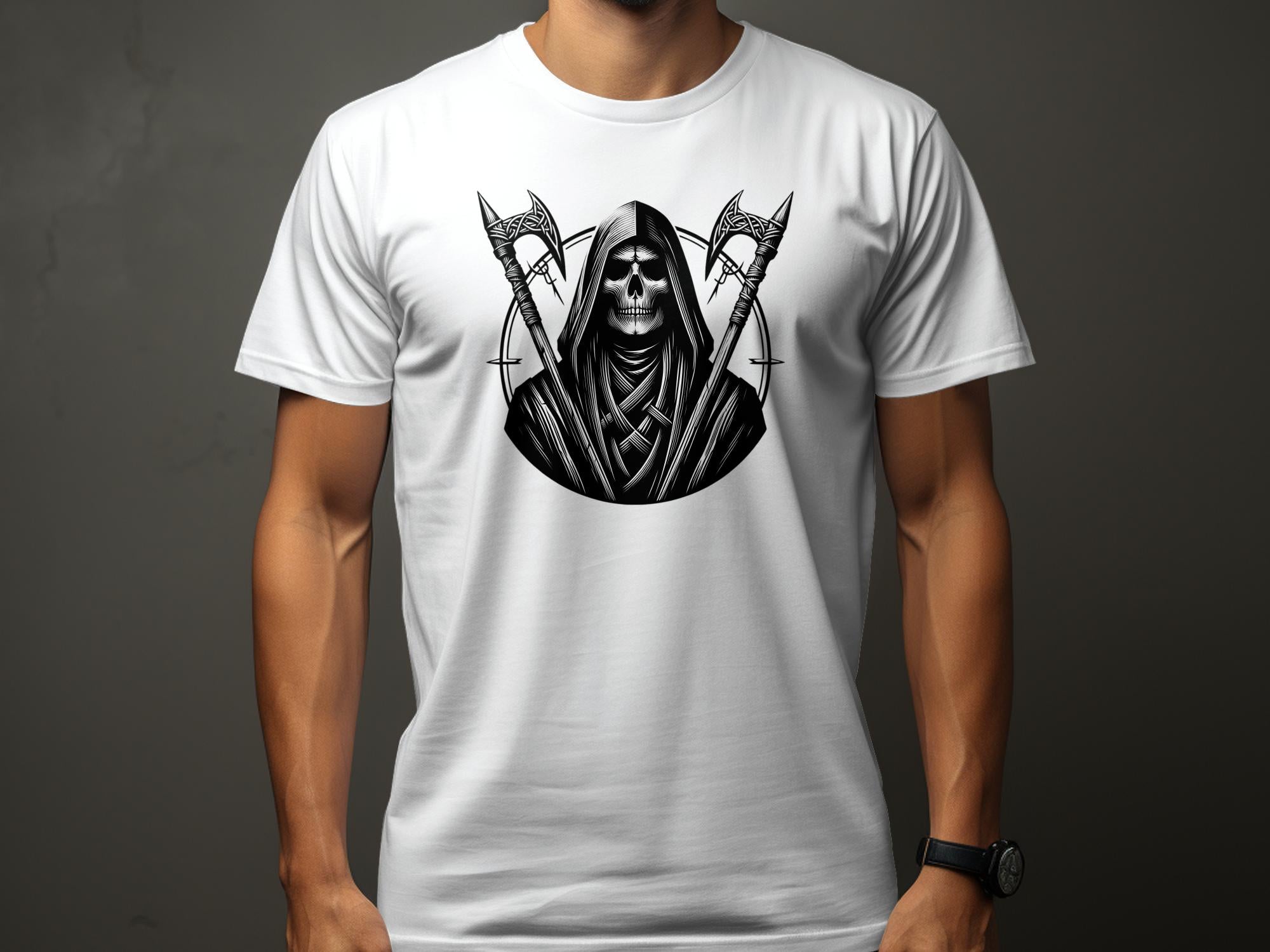 Grim Reaper - Black White Gildan T-Shirt Commemorative Talisman Unisex Tee Graphic Design