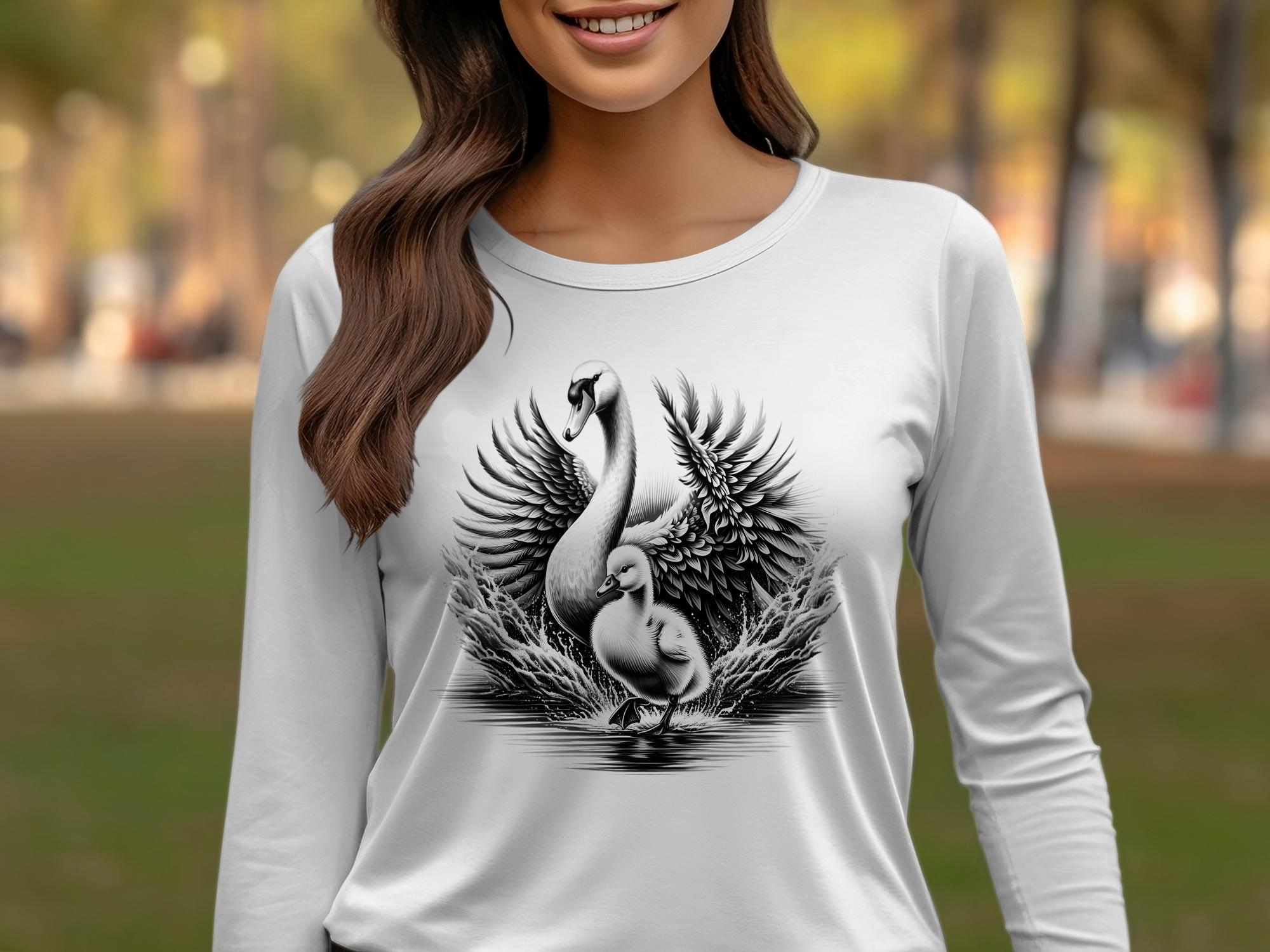 Swan & Cygnet- Black White Gildan Long Sleeve Realistic Family Talisman Unisex Tee Graphic Design