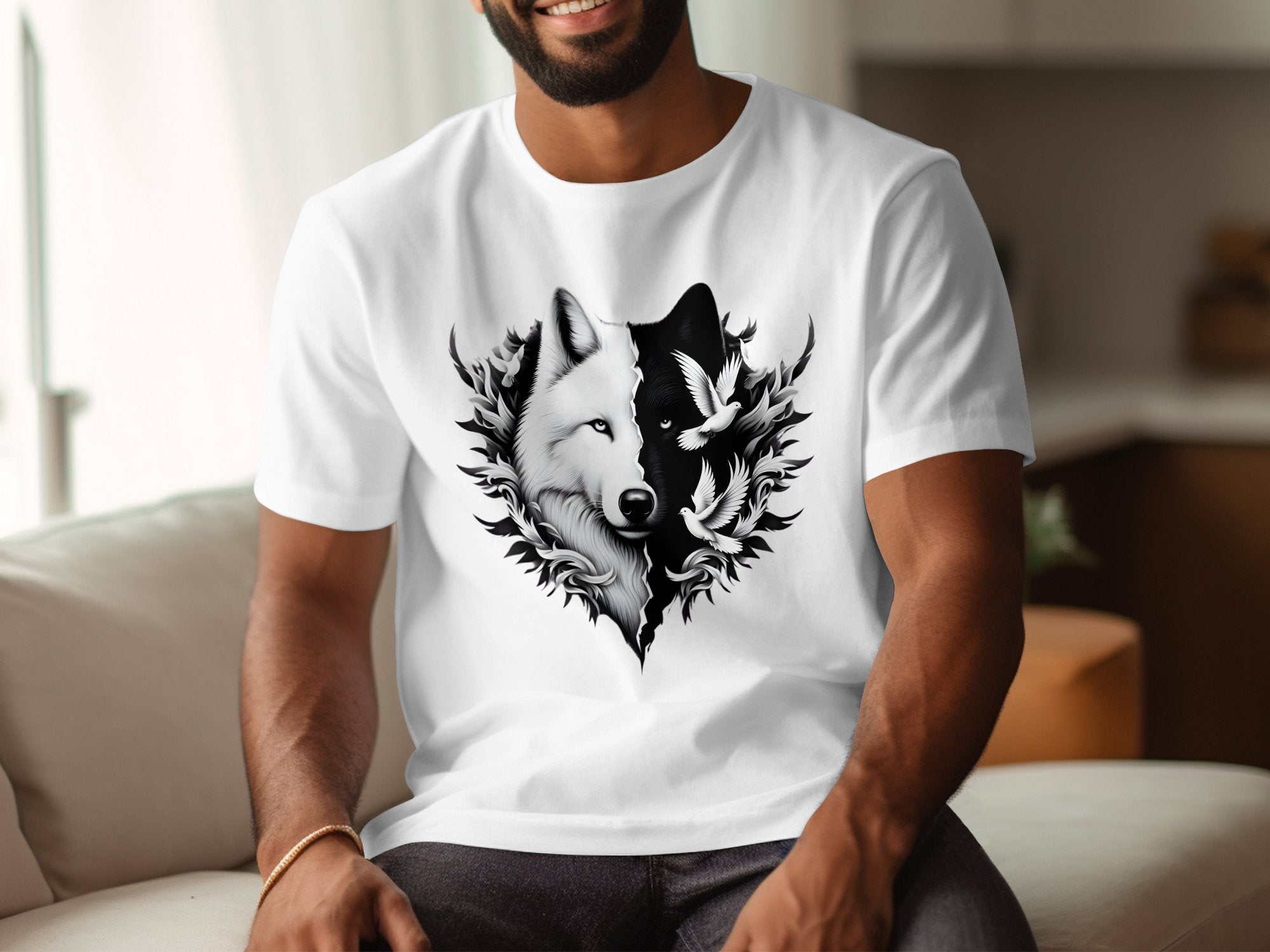 Wolf x Doves - Black White Gildan T-Shirt Realistic Animal Talisman Unisex Tee Graphic Design