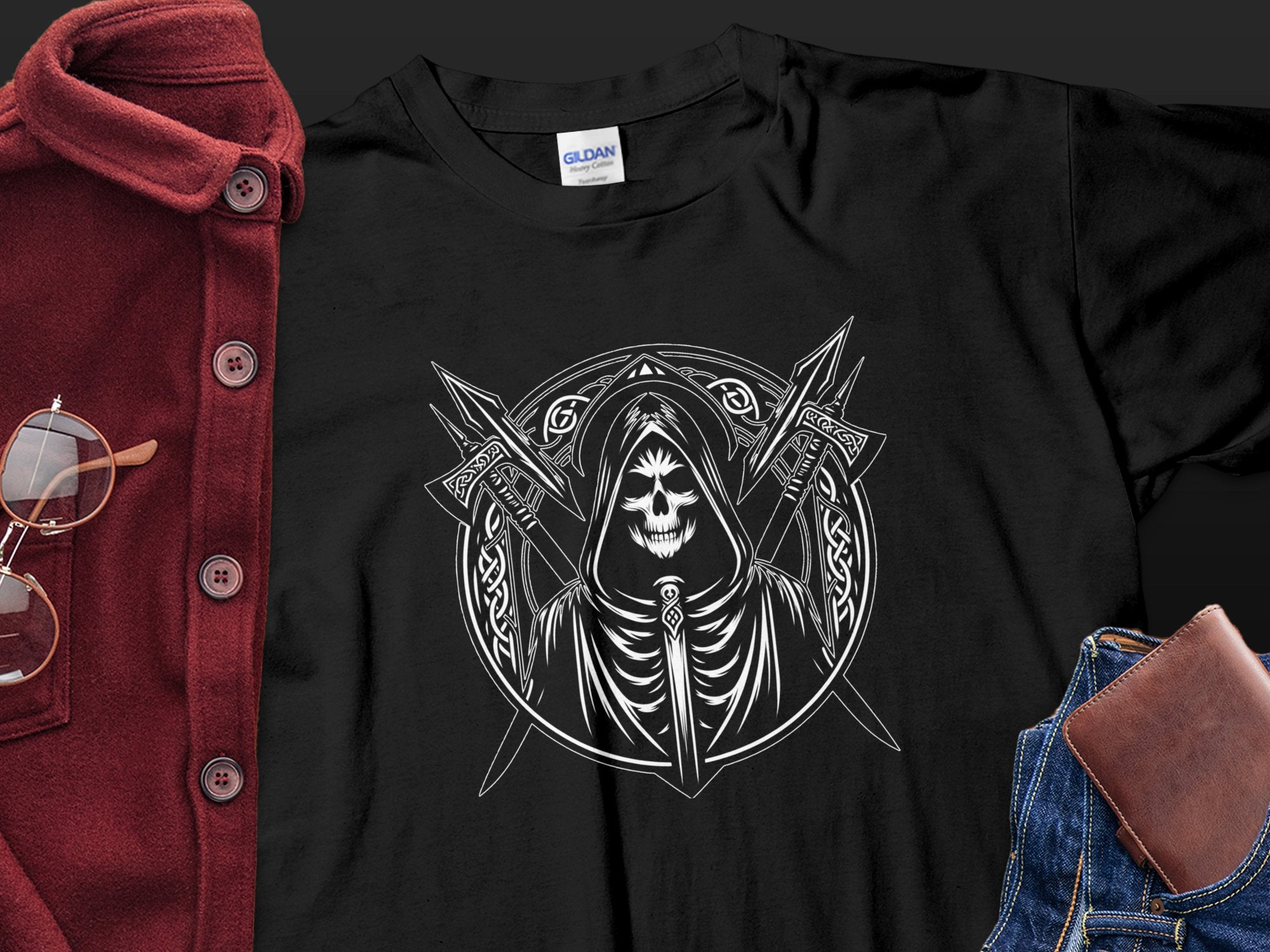 Grim Reaper - Black White Gildan T-Shirt Commemorative Talisman Unisex Tee Graphic Design