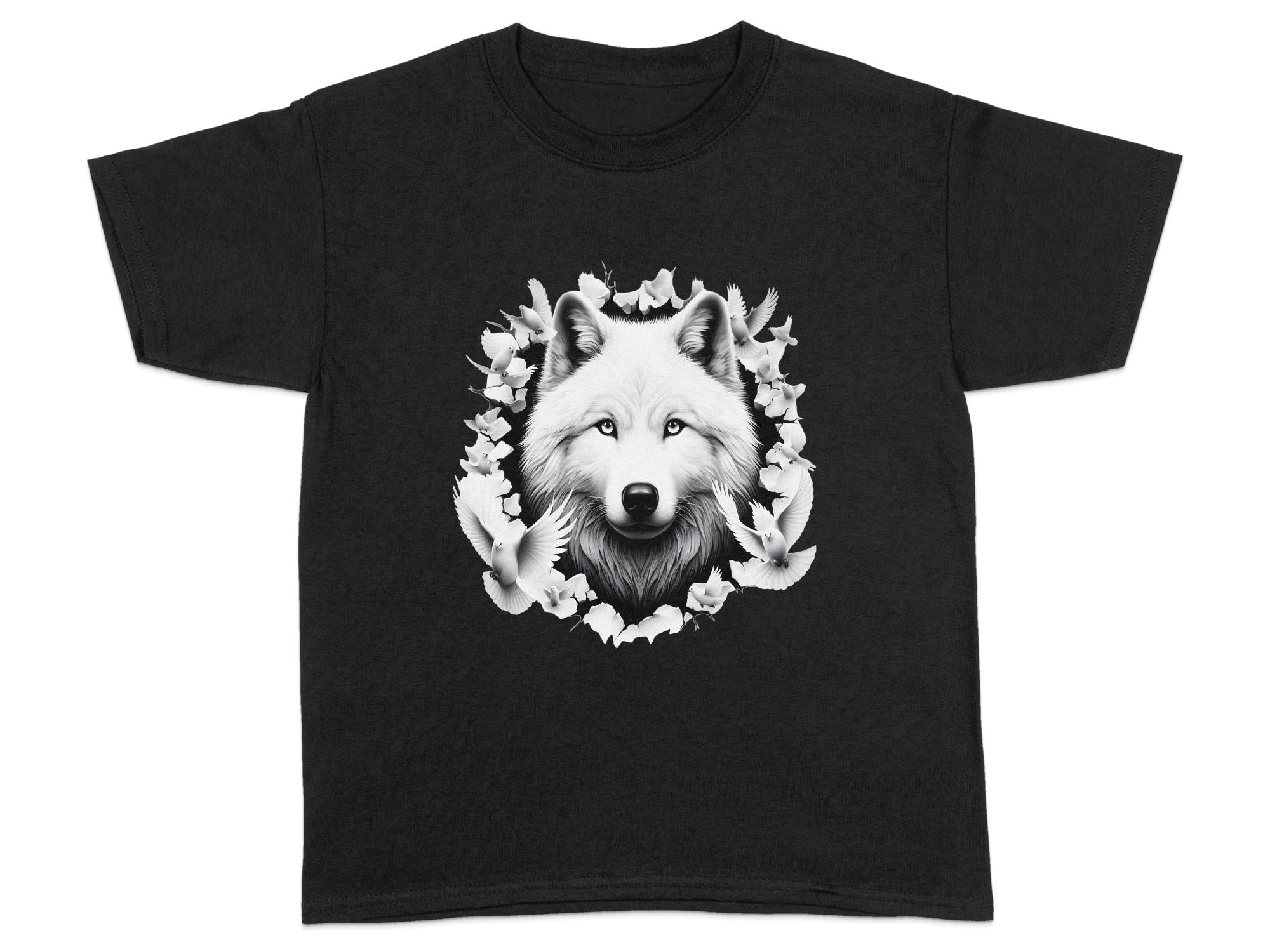 Wolf x Doves - Black White Gildan Kids T-Shirt Realistic Animal Talisman Unisex Tee Graphic Design