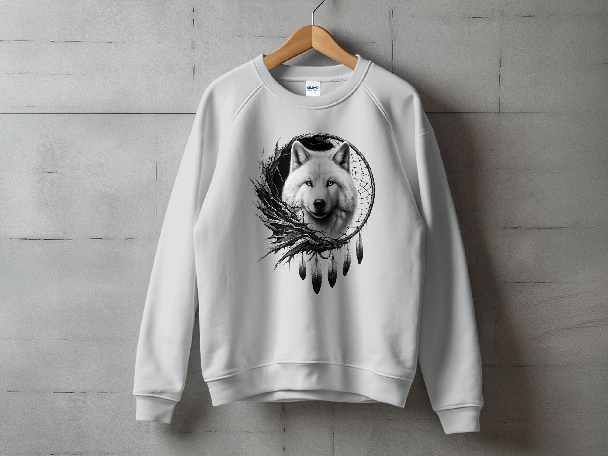 Dreamcatcher Wolf - Coloured Gildan Sweatshirt Realistic Native American Talisman Unisex Mythology Tee Graphic Design