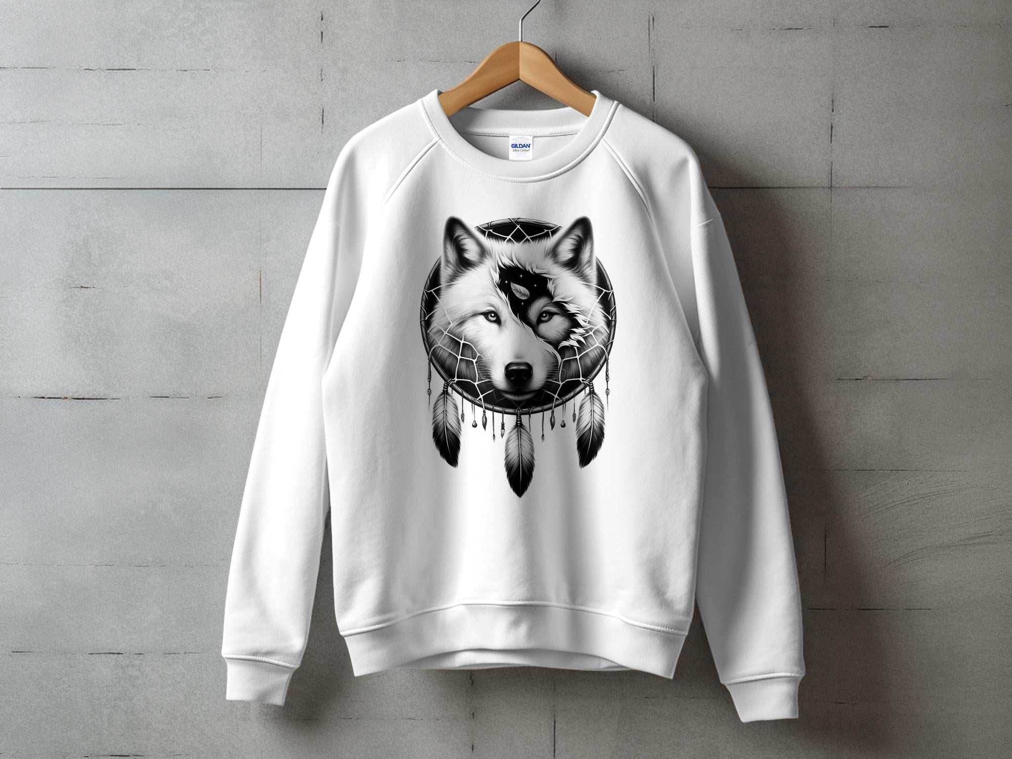 Dreamcatcher Wolf - Coloured Gildan Sweatshirt Realistic Native American Talisman Unisex Mythology Tee Graphic Design