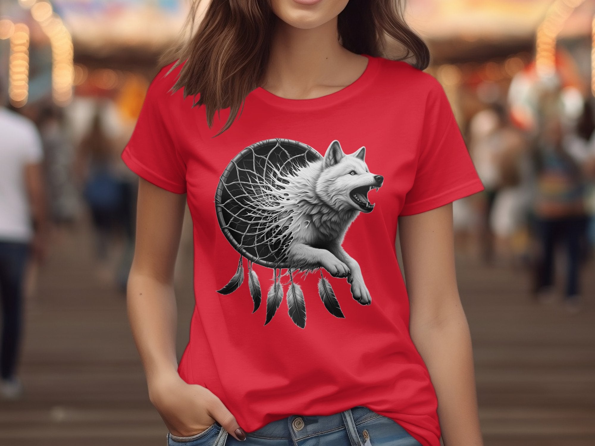 Dreamcatcher Wolf - Coloured Gildan T-Shirt Realistic Native American Talisman Unisex Mythology Tee Graphic Design