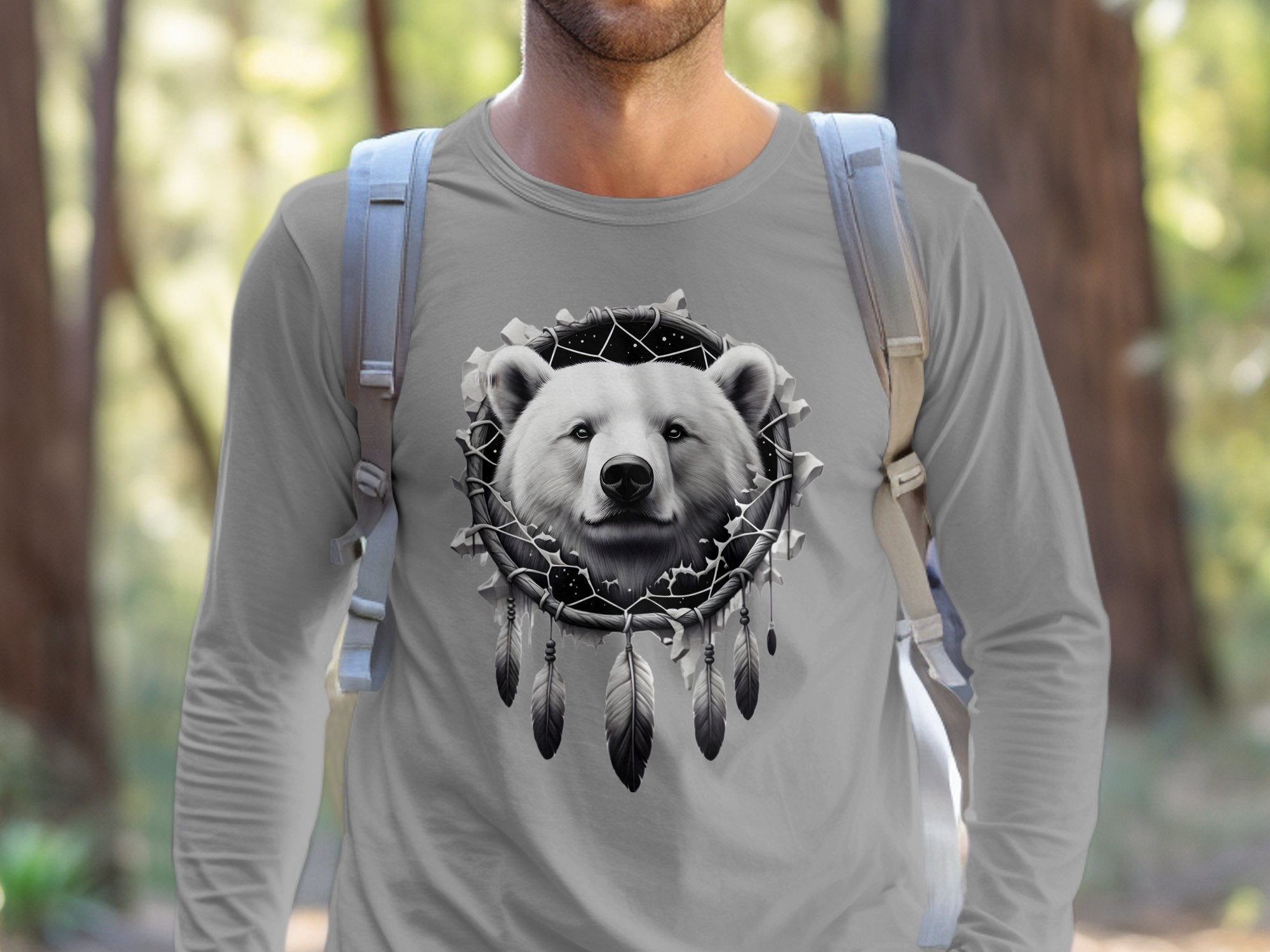 Dreamcatcher Bear - Coloured Gildan Long Sleeve Realistic Native American Talisman Unisex Mythology Tee Graphic Design