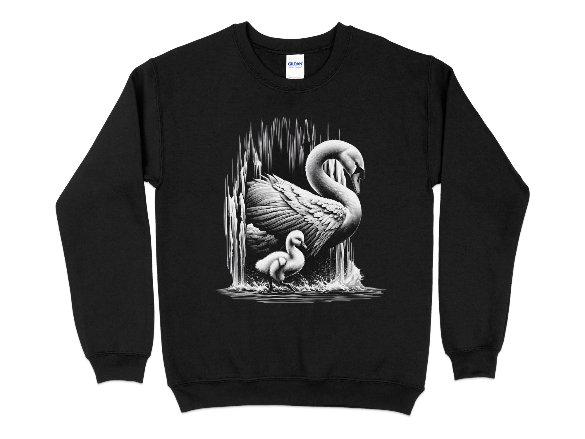 Swan & Cygnet- Black White Gildan Sweatshirt Realistic Family Talisman Unisex Tee Graphic Design