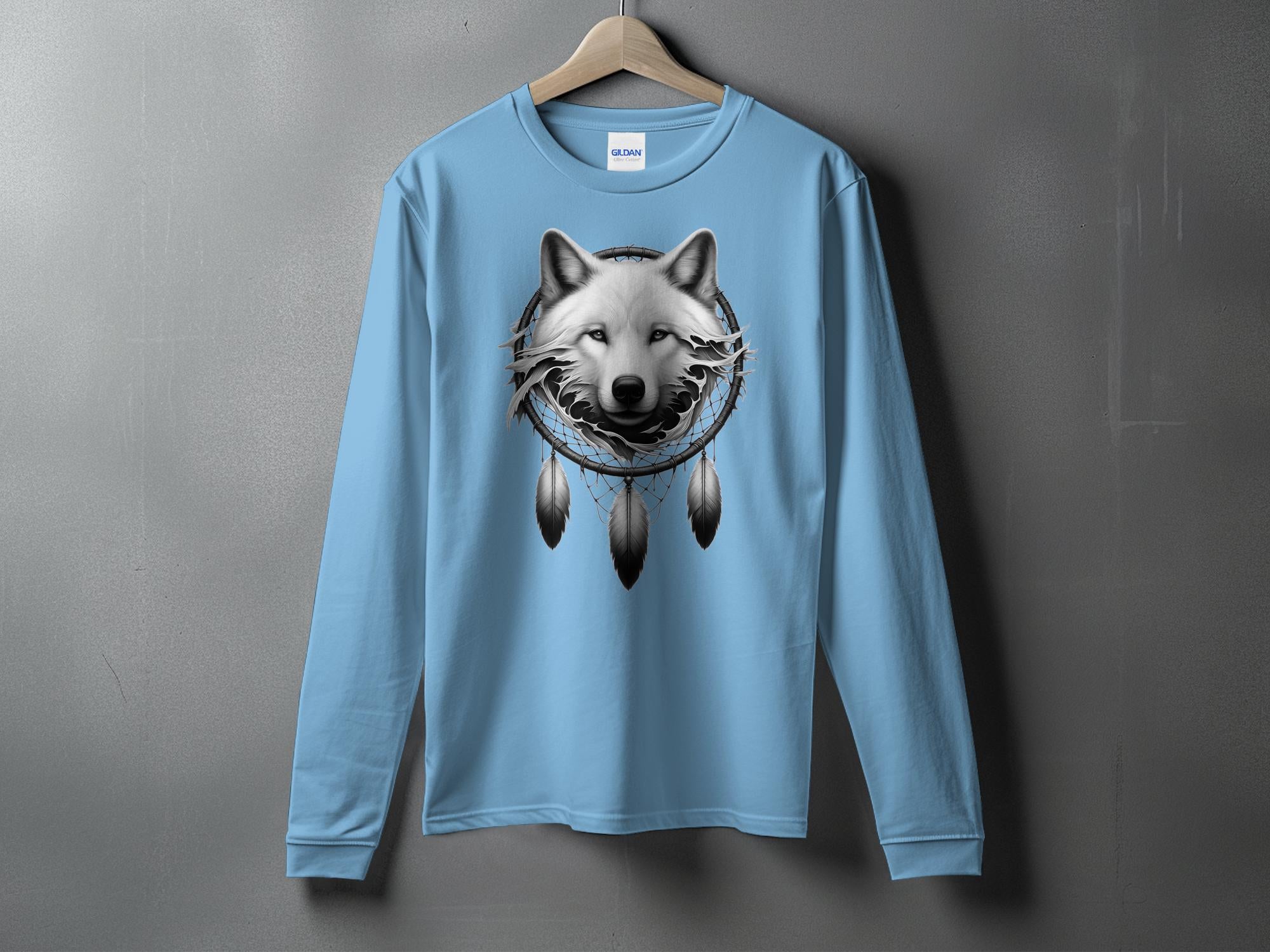 Dreamcatcher Wolf - Coloured Gildan Long Sleeve Realistic Native American Talisman Unisex Mythology Tee Graphic Design